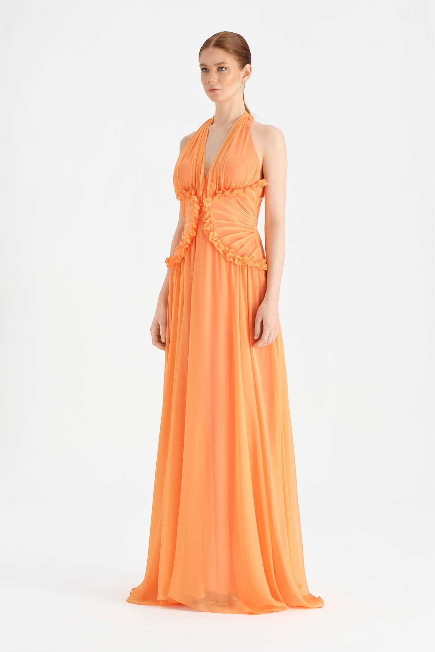 Chiffon Evening Dress with Neck Straps and Waist Detail - 26151C