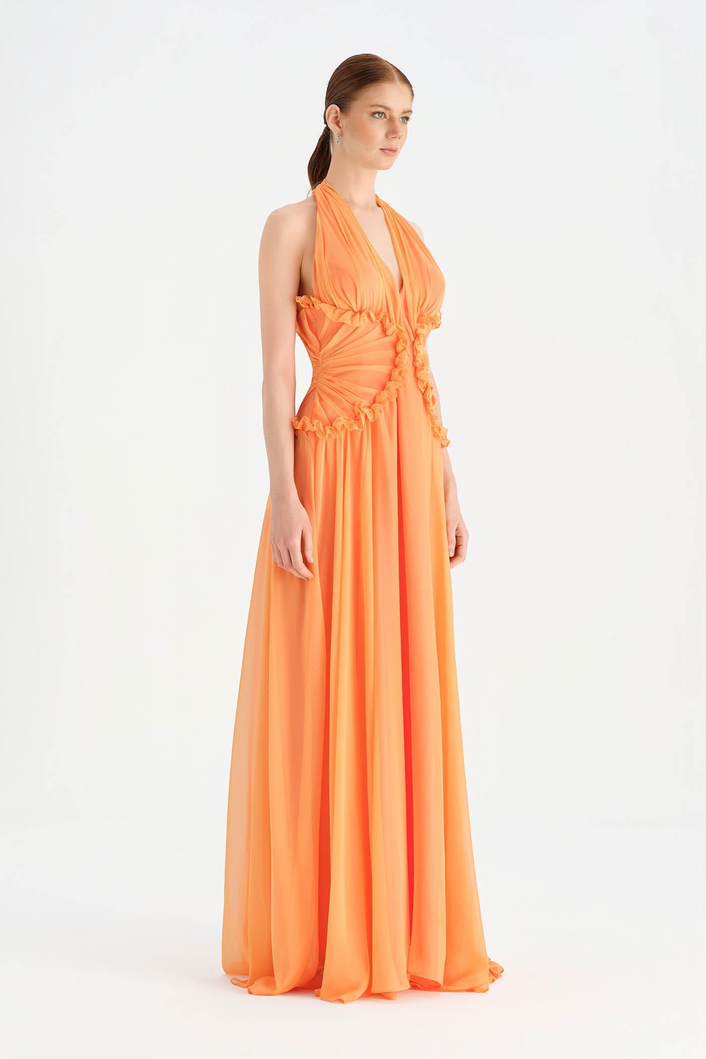 Chiffon Evening Dress with Neck Straps and Waist Detail - 26151C
