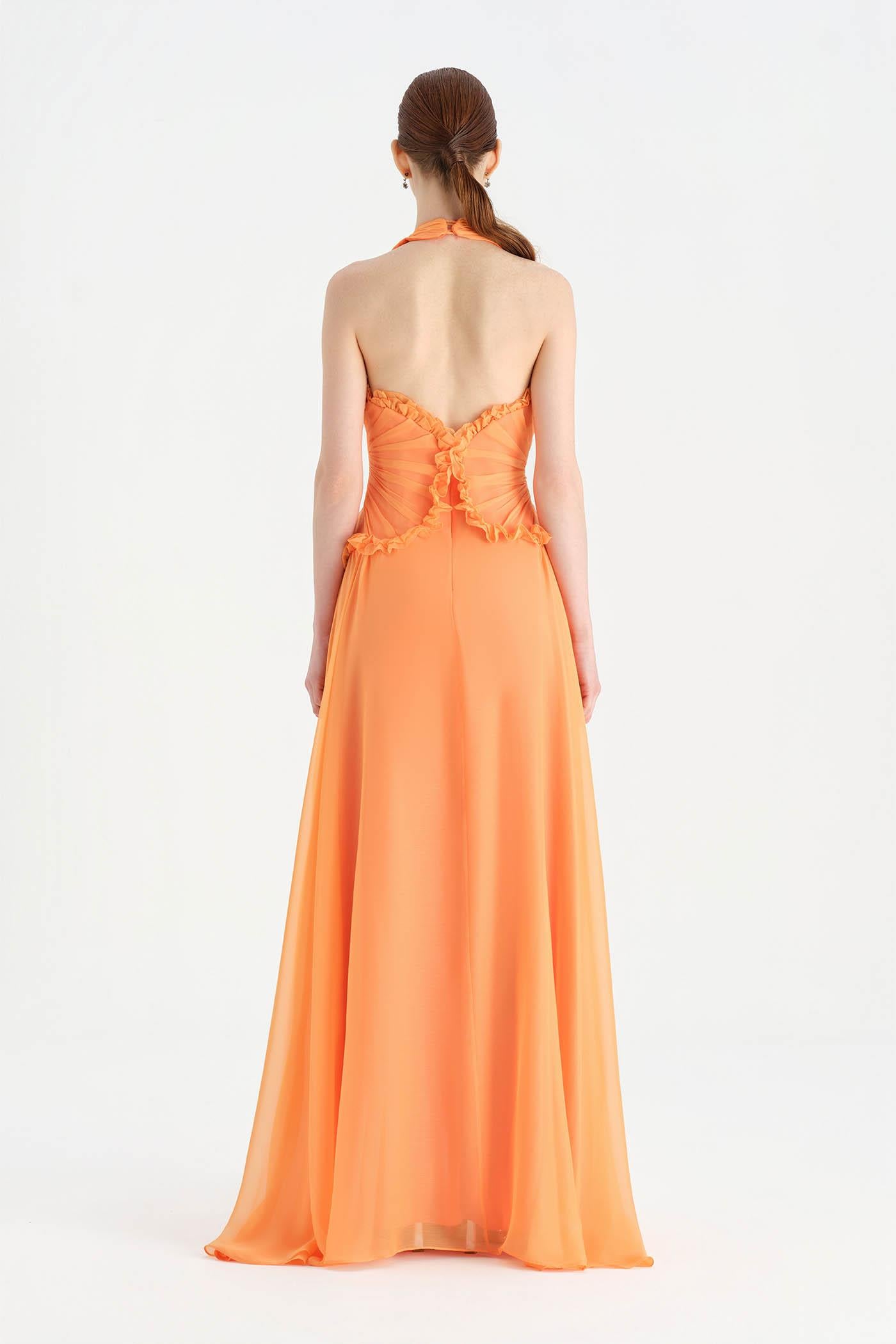 Chiffon Evening Dress with Neck Straps and Waist Detail - 26151C