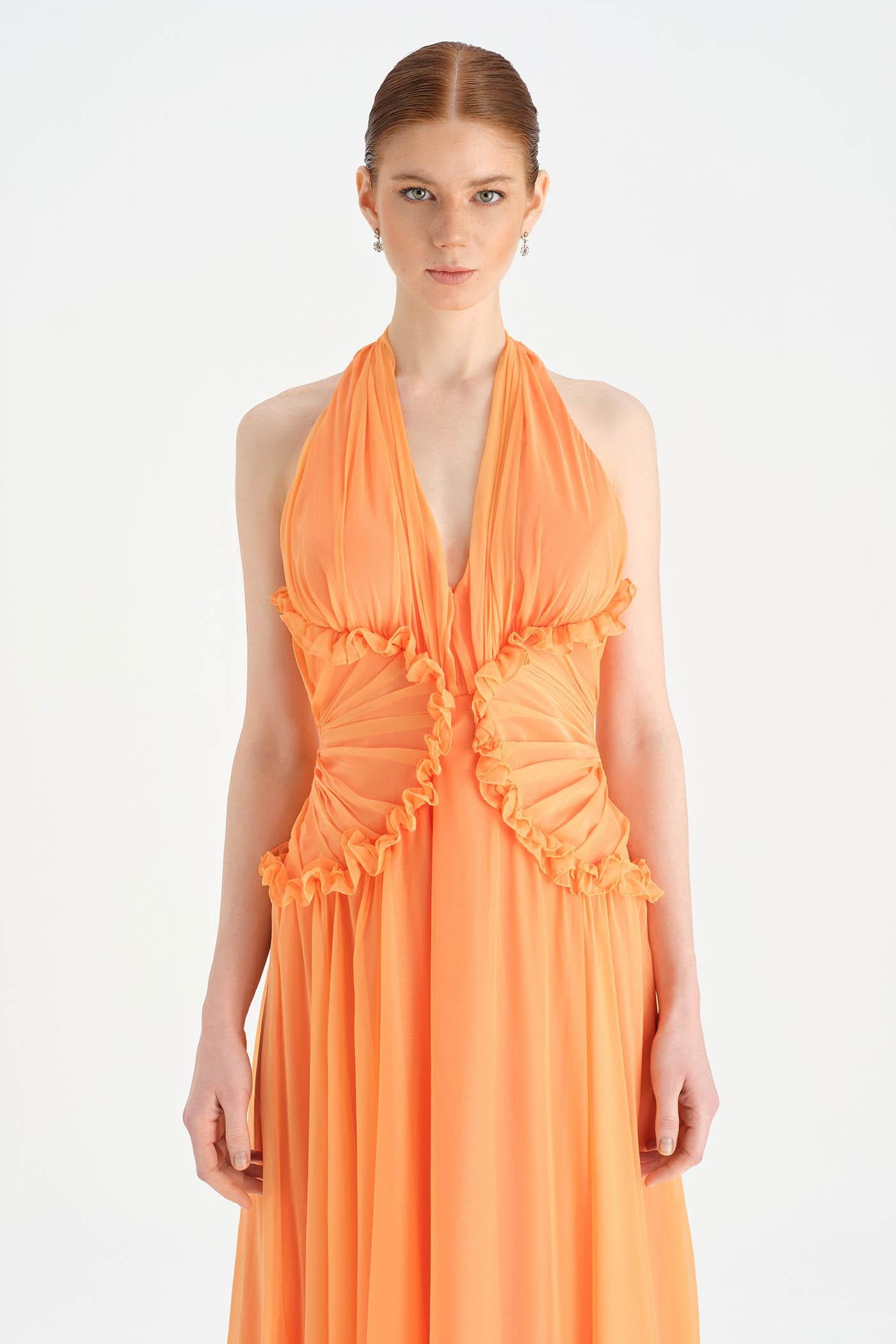 Chiffon Evening Dress with Neck Straps and Waist Detail - 26151C