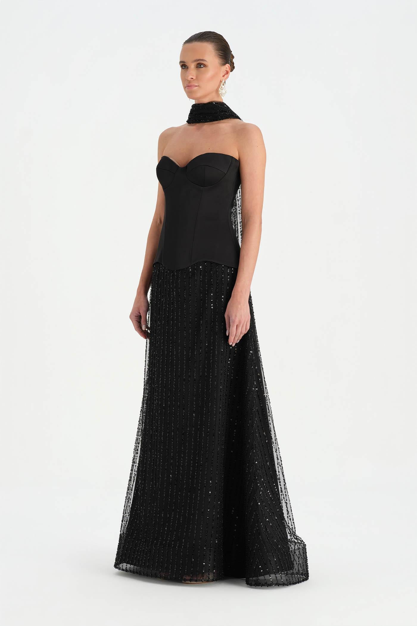 Corseted Stone Embroidered Evening Dress with Shawl - 26060C