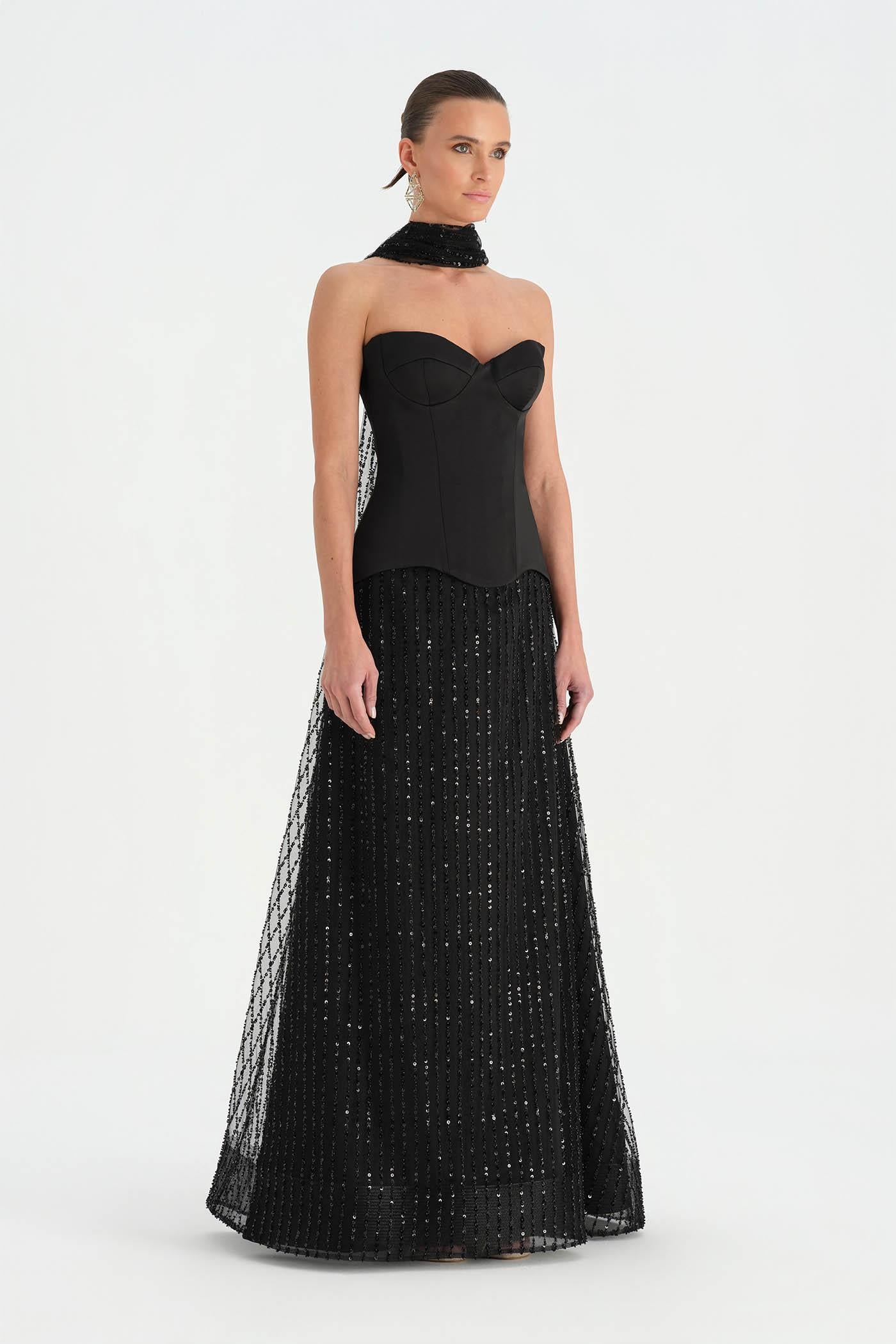 Corseted Stone Embroidered Evening Dress with Shawl - 26060C