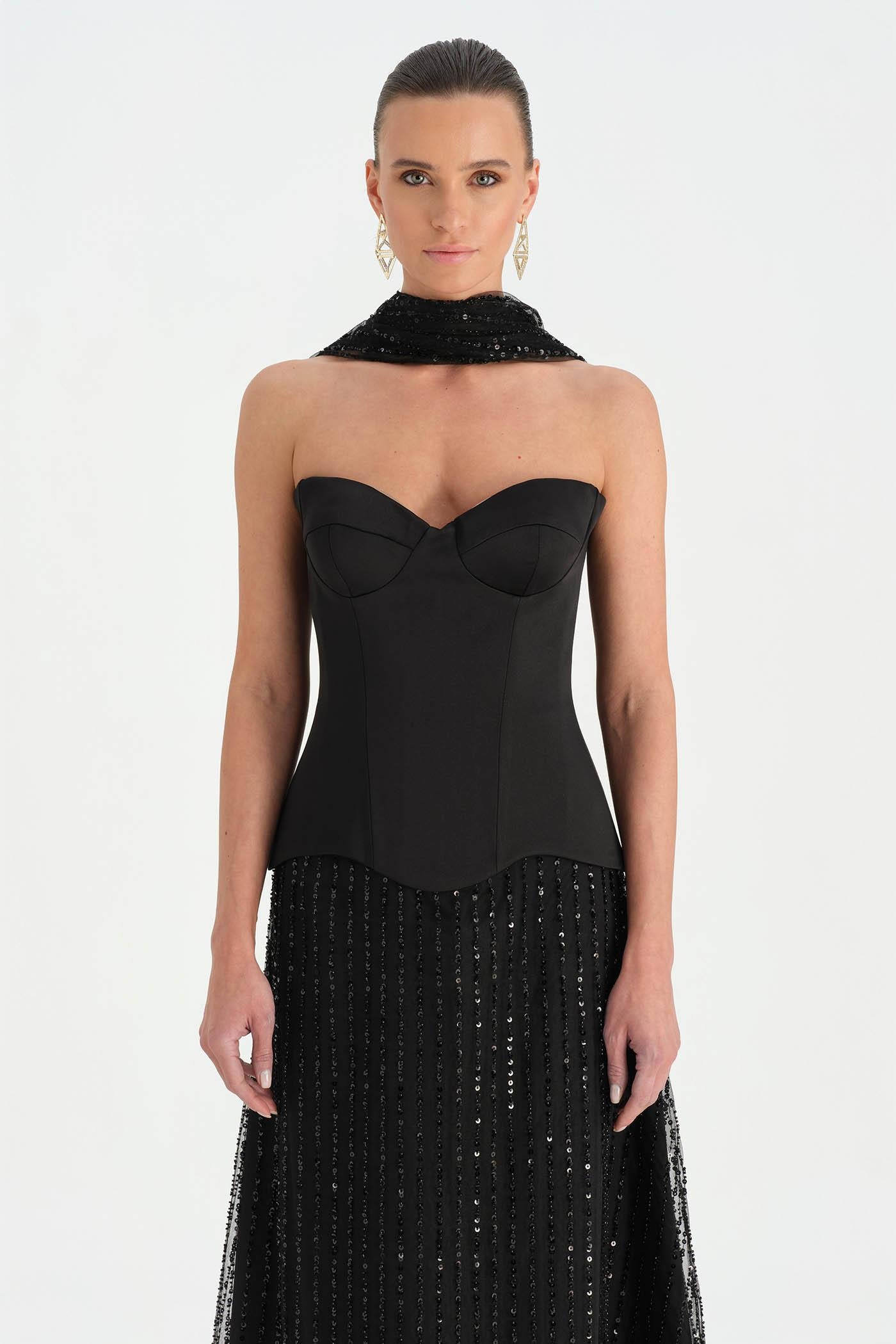 Corseted Stone Embroidered Evening Dress with Shawl - 26060C