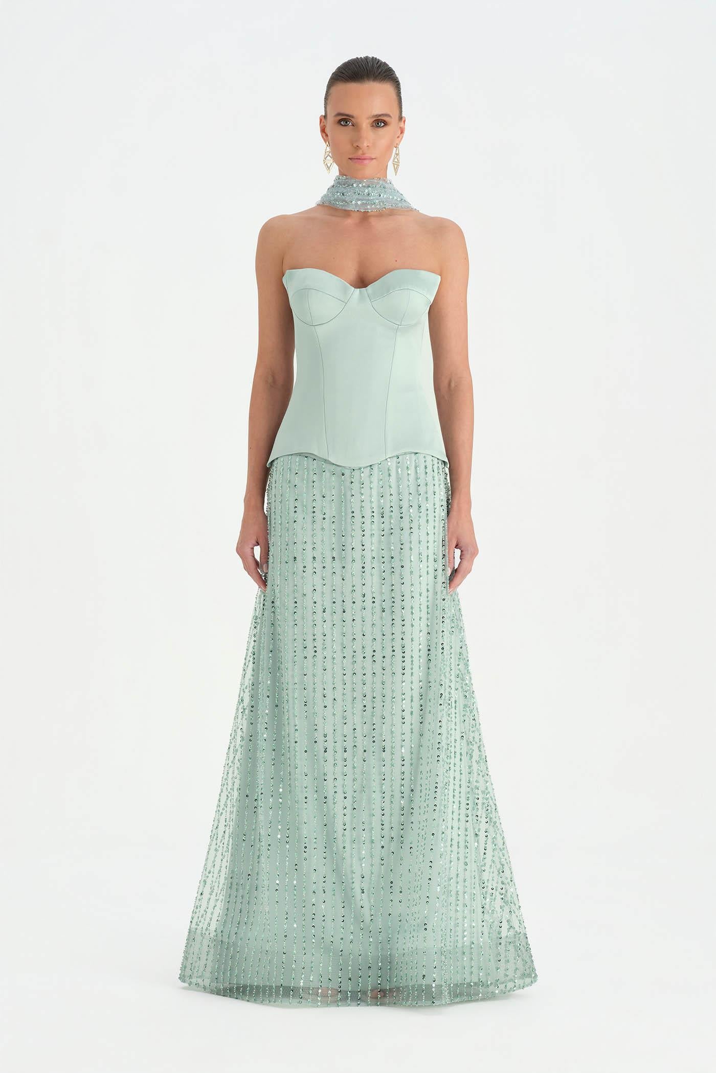 Corseted Stone Embroidered Evening Dress with Shawl - 26060C