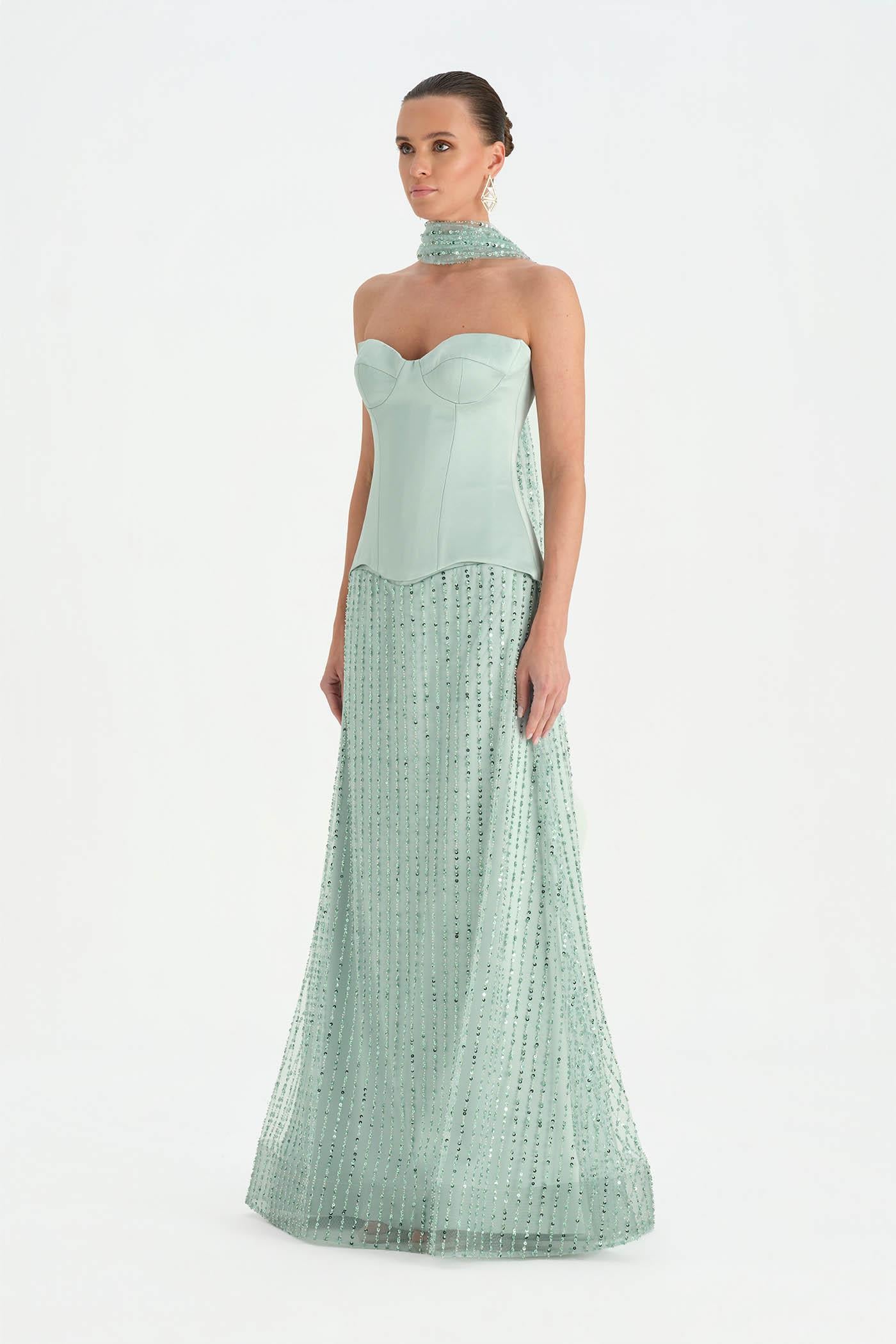 Corseted Stone Embroidered Evening Dress with Shawl - 26060C