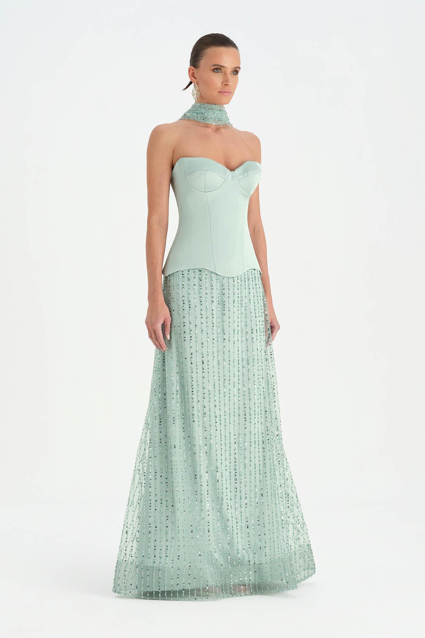 Corseted Stone Embroidered Evening Dress with Shawl - 26060C