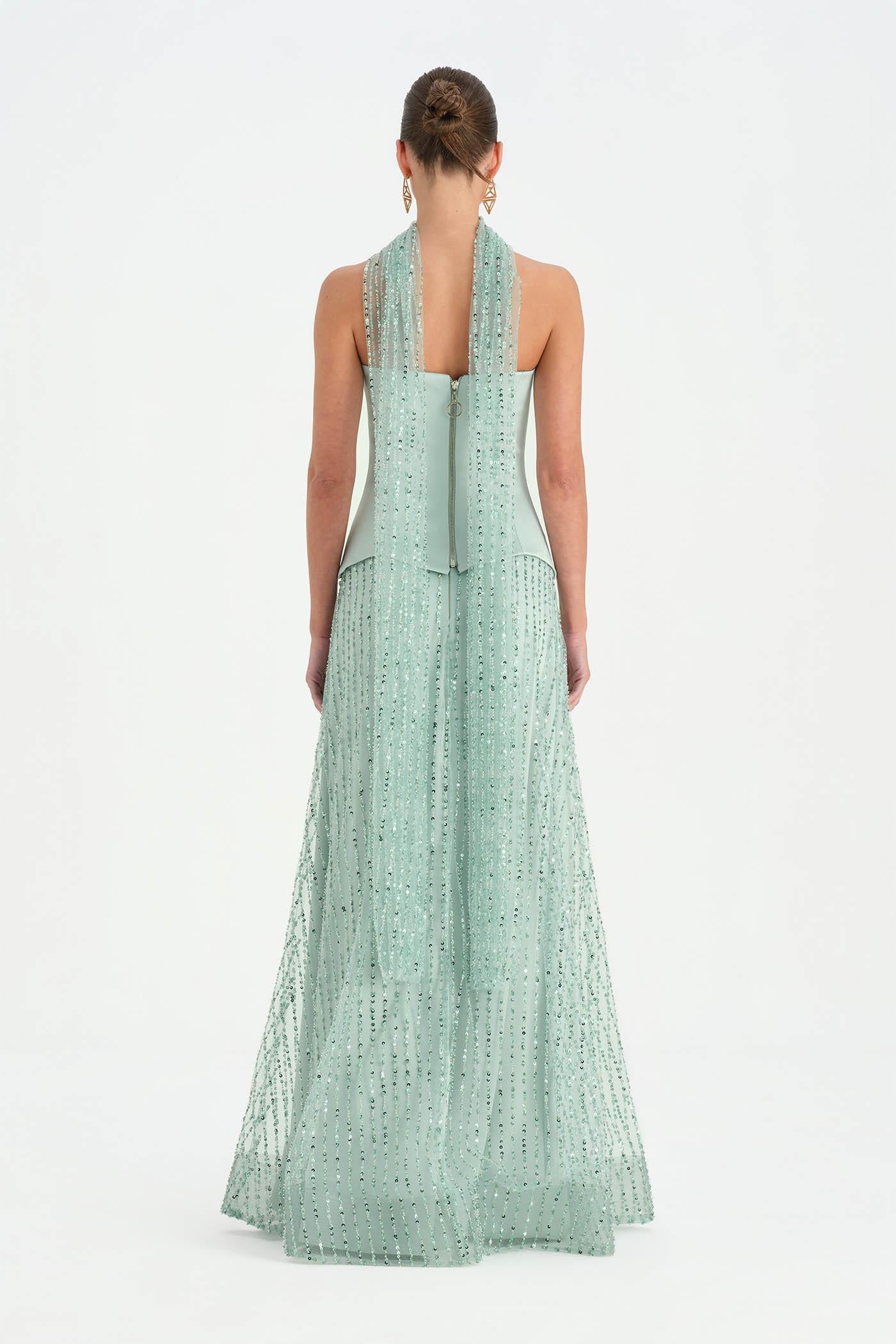 Corseted Stone Embroidered Evening Dress with Shawl - 26060C