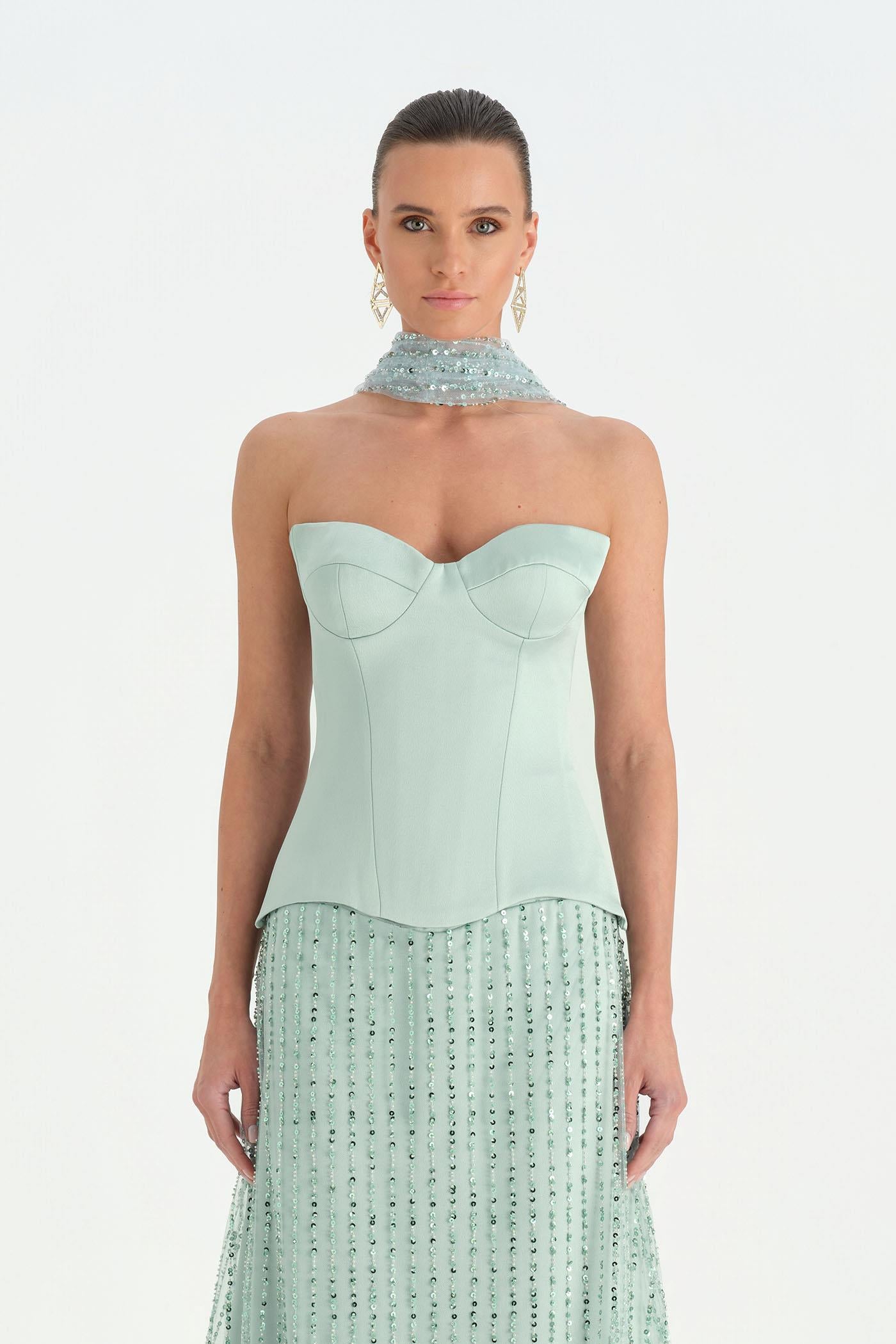 Corseted Stone Embroidered Evening Dress with Shawl - 26060C