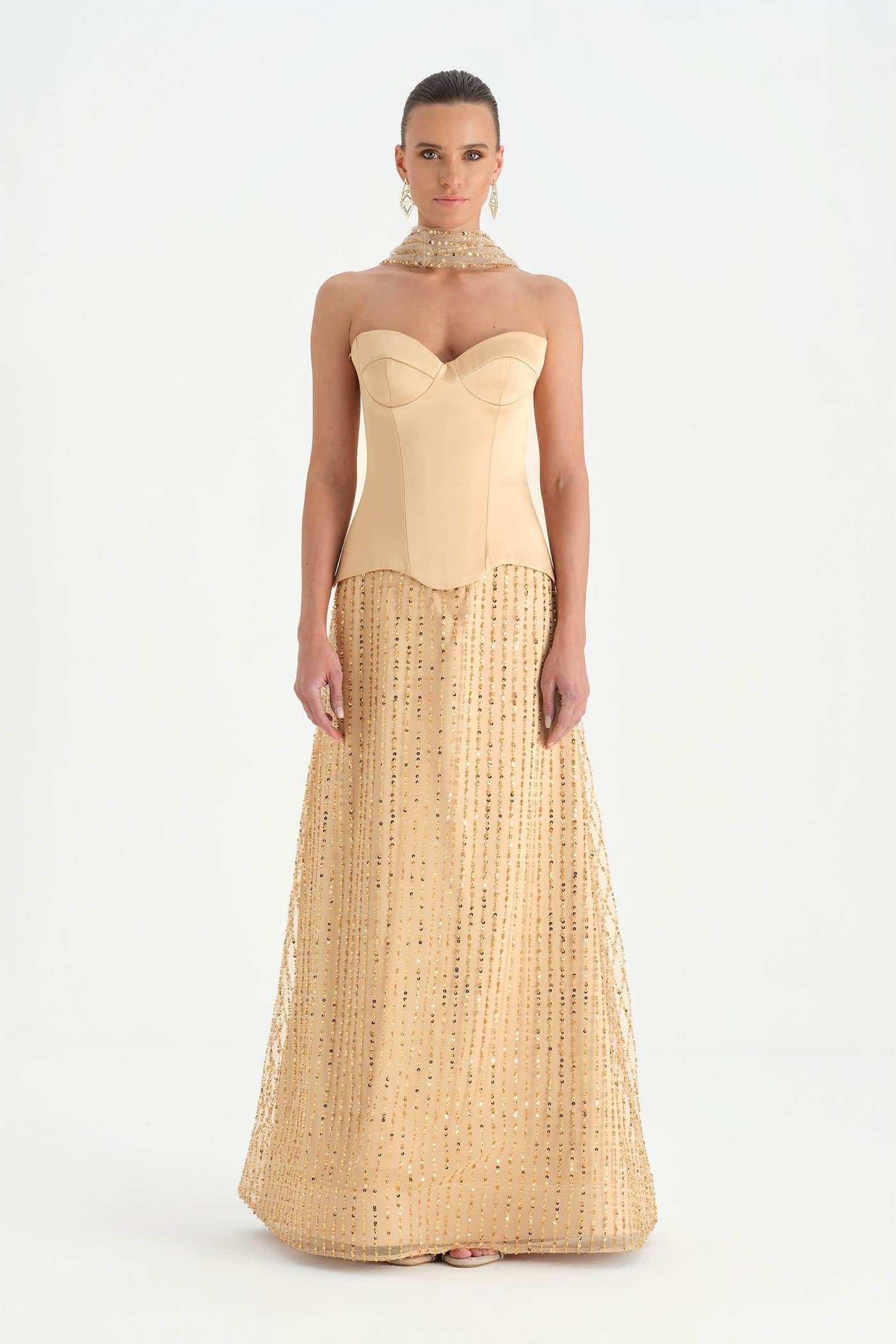 Corseted Stone Embroidered Evening Dress with Shawl - 26060C