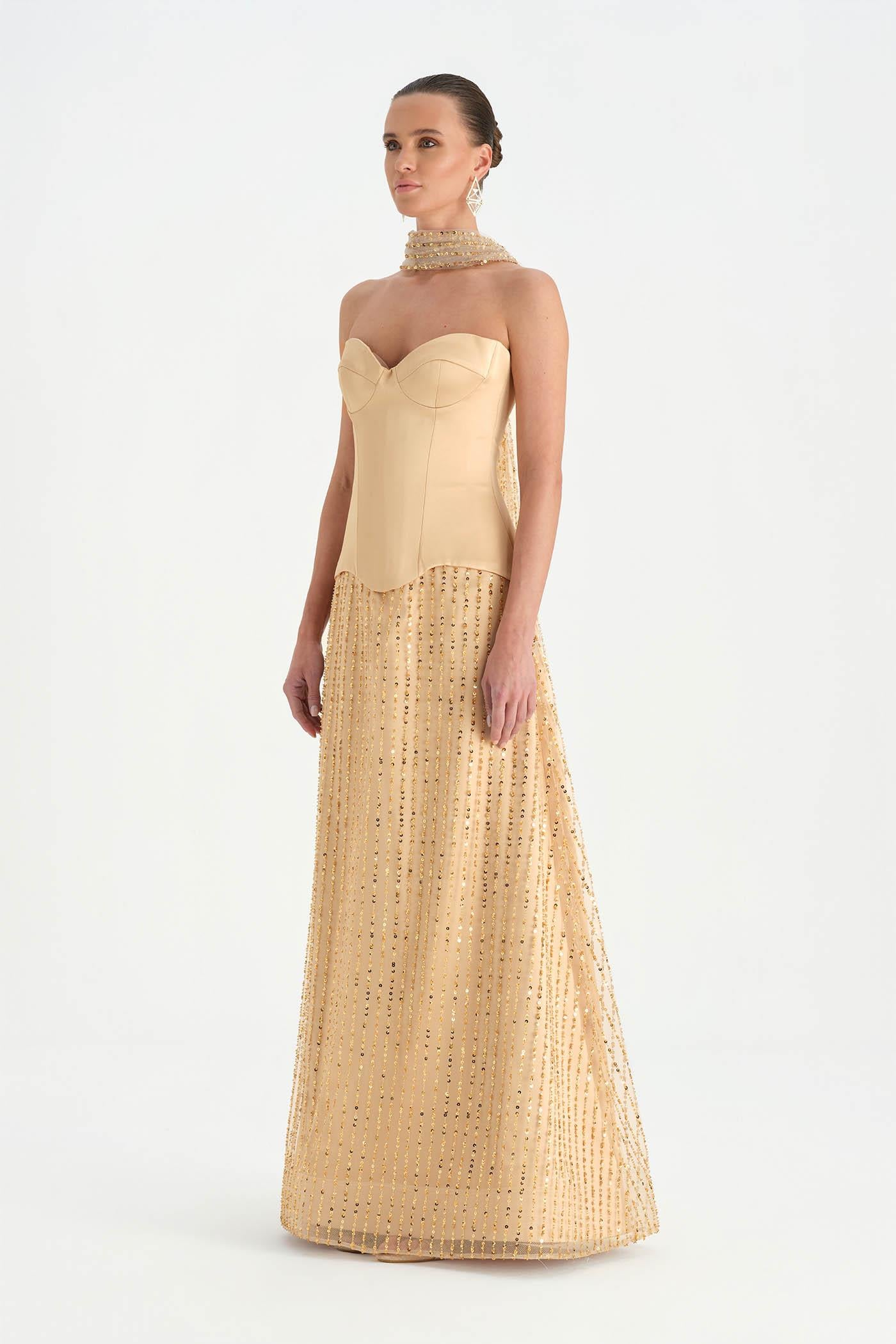 Corseted Stone Embroidered Evening Dress with Shawl - 26060C