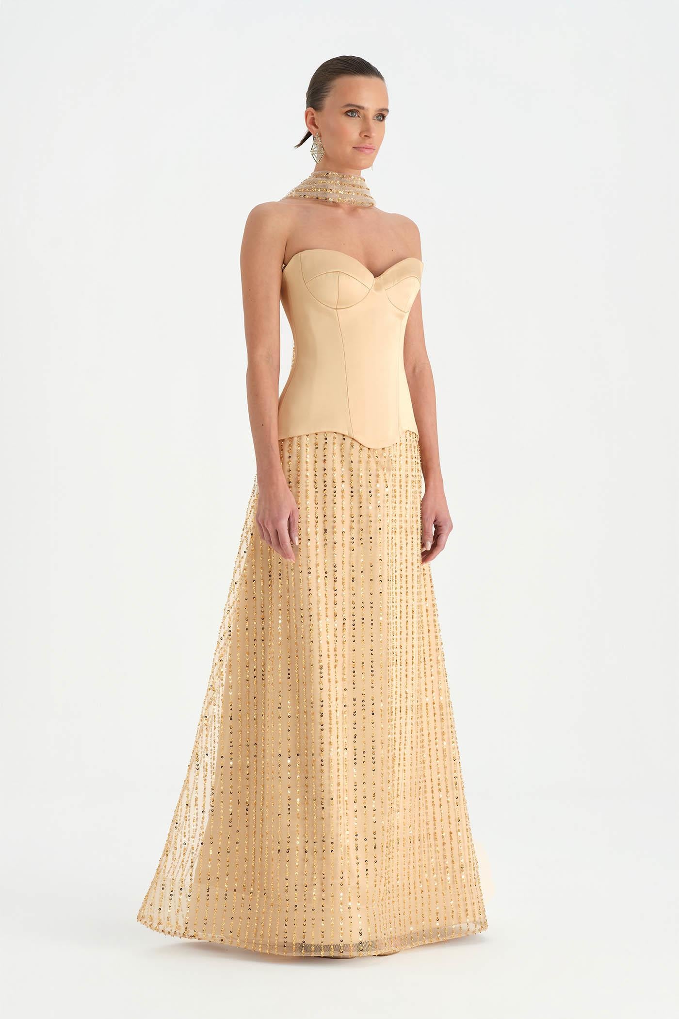 Corseted Stone Embroidered Evening Dress with Shawl - 26060C