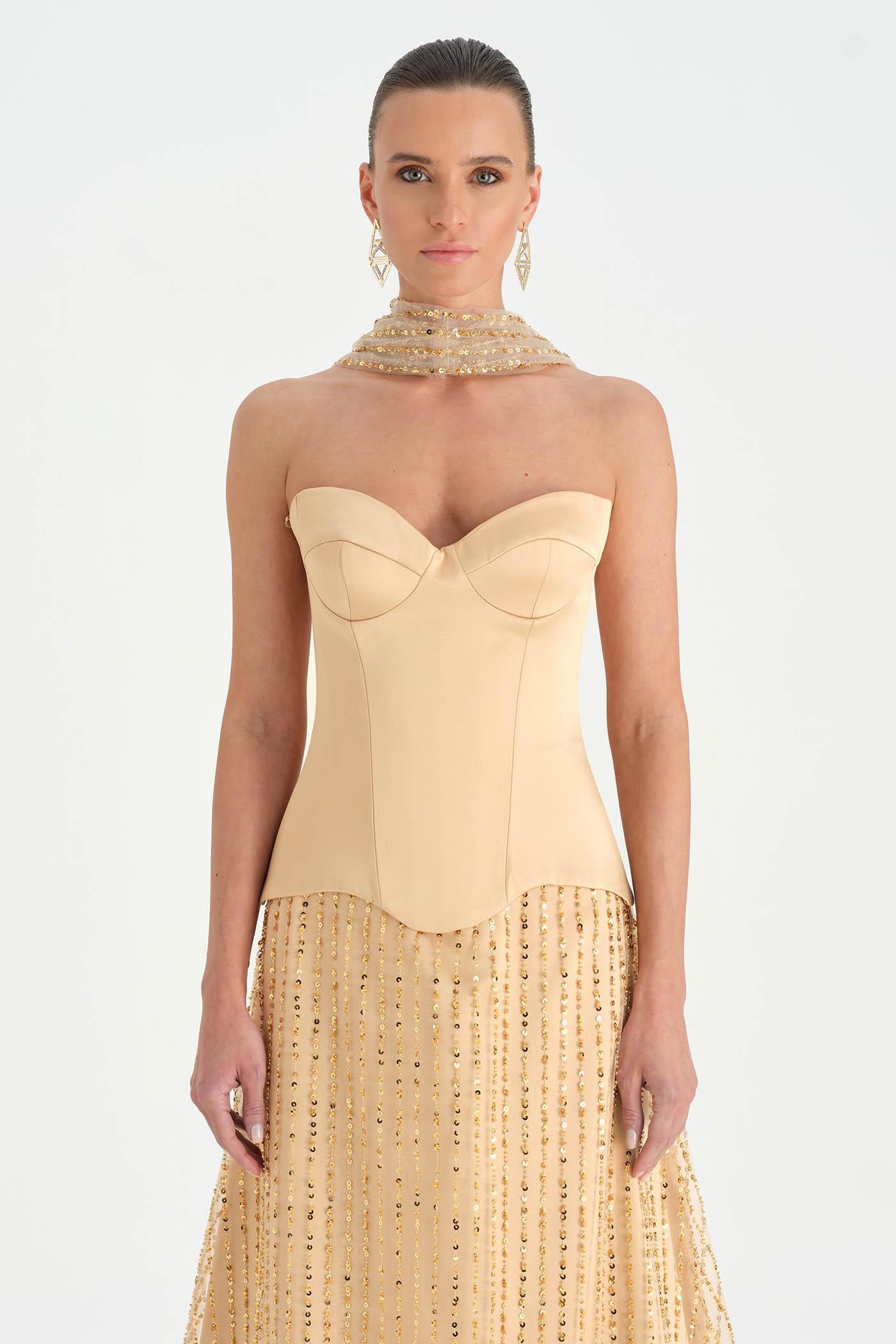 Corseted Stone Embroidered Evening Dress with Shawl - 26060C