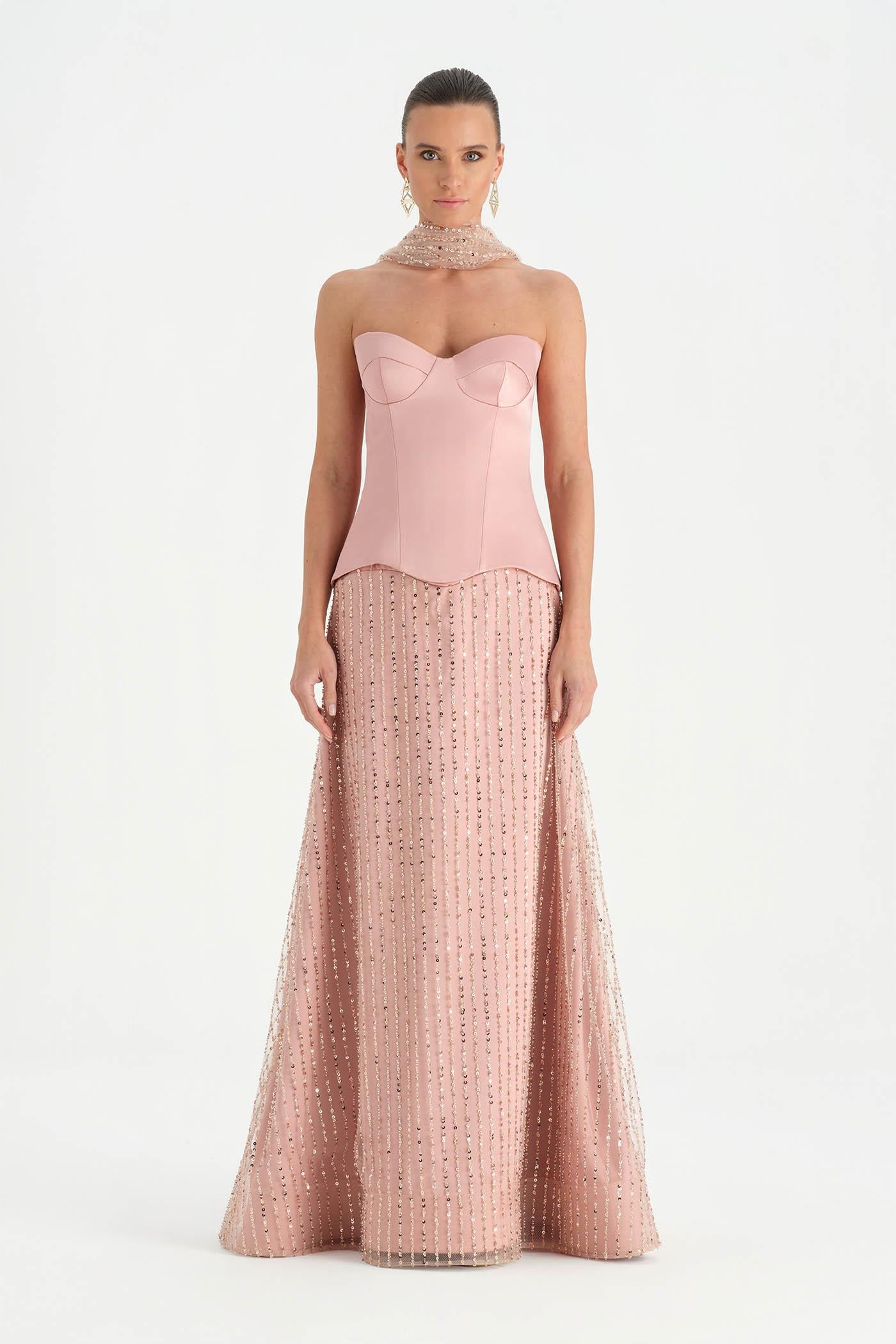 Corseted Stone Embroidered Evening Dress with Shawl - 26060C