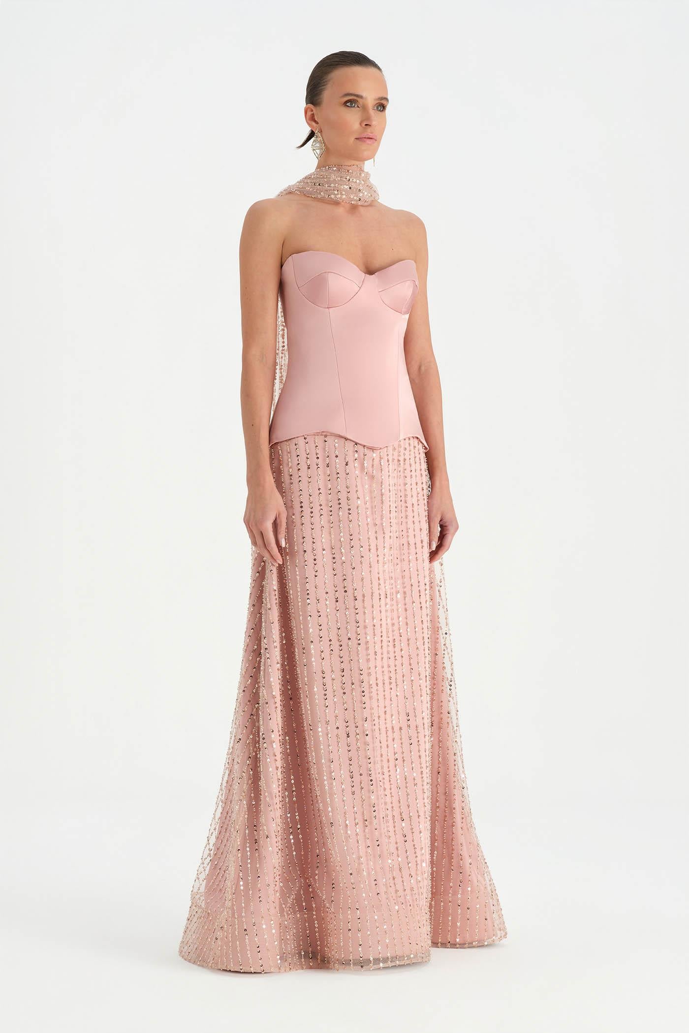 Corseted Stone Embroidered Evening Dress with Shawl - 26060C