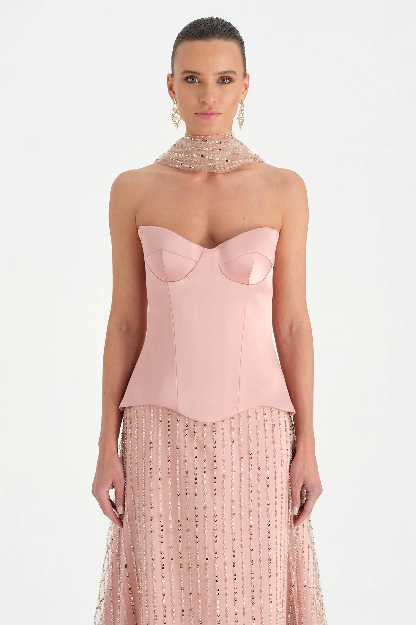 Corseted Stone Embroidered Evening Dress with Shawl - 26060C