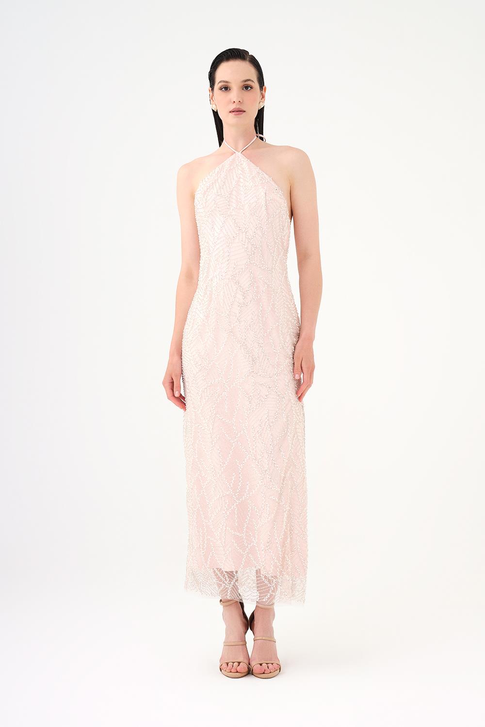 İnci Detaylı Halter Yaka Midi Abiye Elbise - PEMBE