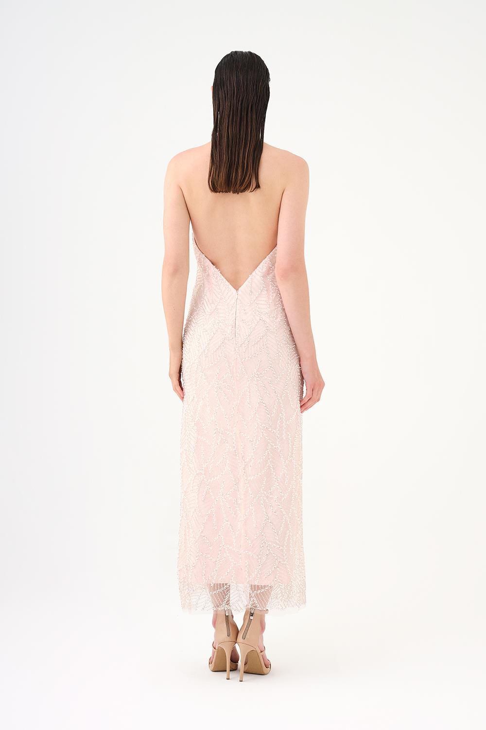 İnci Detaylı Halter Yaka Midi Abiye Elbise PEMBE