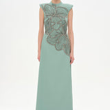 İşlemeli Çiçek Motifli Su Yeşili Uzun Abiye Elbise - 26104C