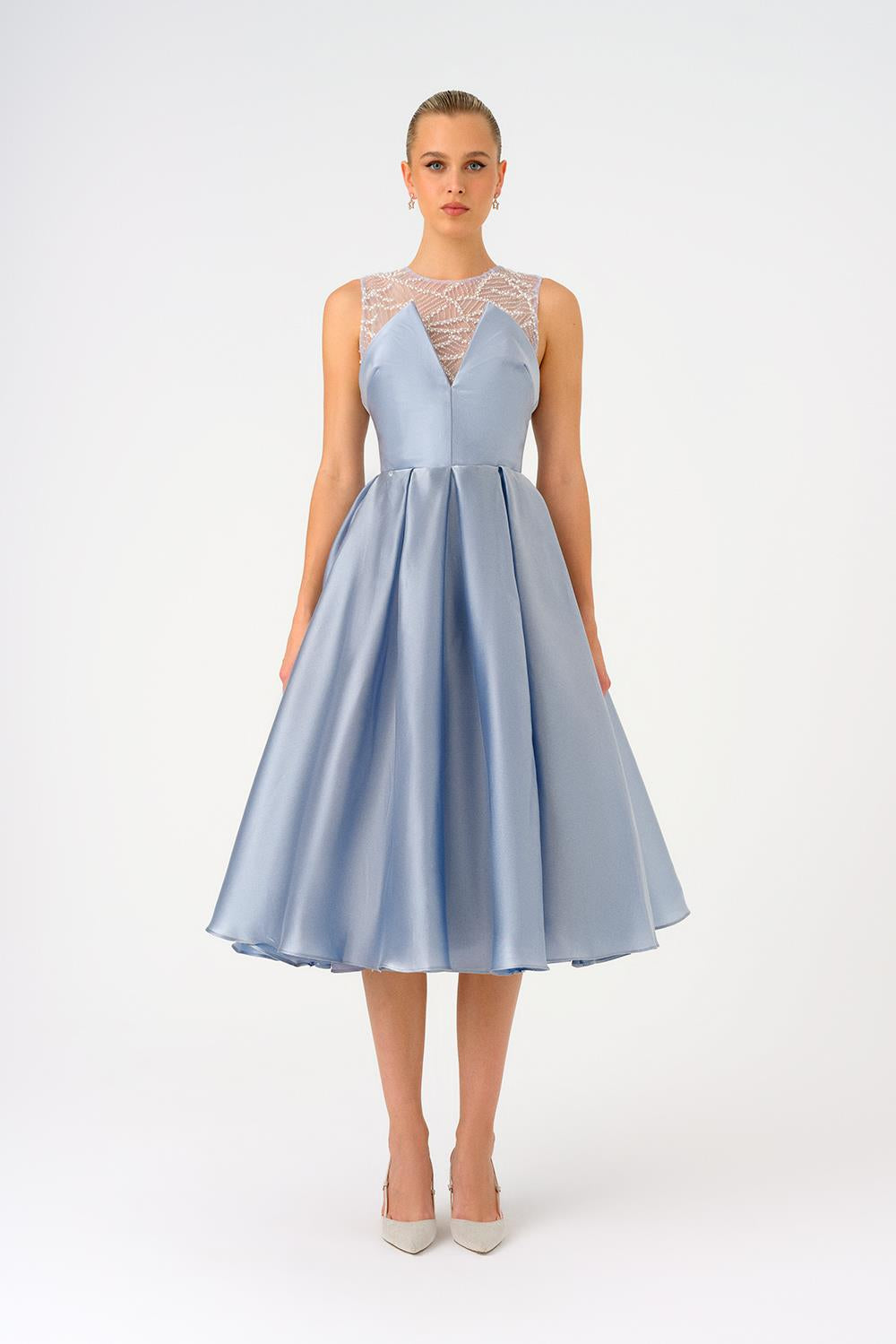 Embroidered Princess Cut Satin Midi Evening Dress - 9135C