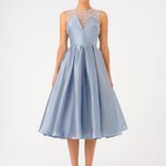 Embroidered Princess Cut Satin Midi Evening Dress - 9135C