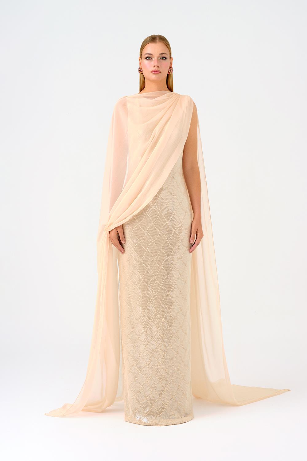 Kayık Yaka Pelerinli Payet Uzun Abiye Elbise - 9038C - GRİ