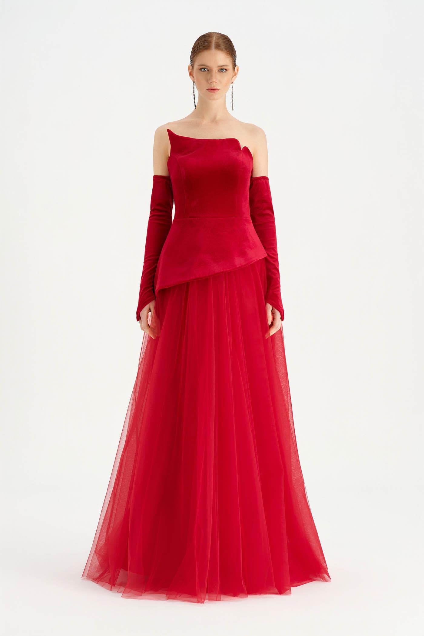 Büstiyerli Straplez Kadife Abiye Elbise - 26126C