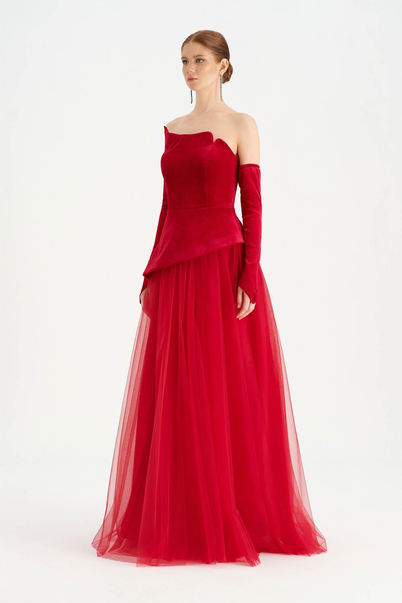 Büstiyerli Straplez Kadife Abiye Elbise - 26126C