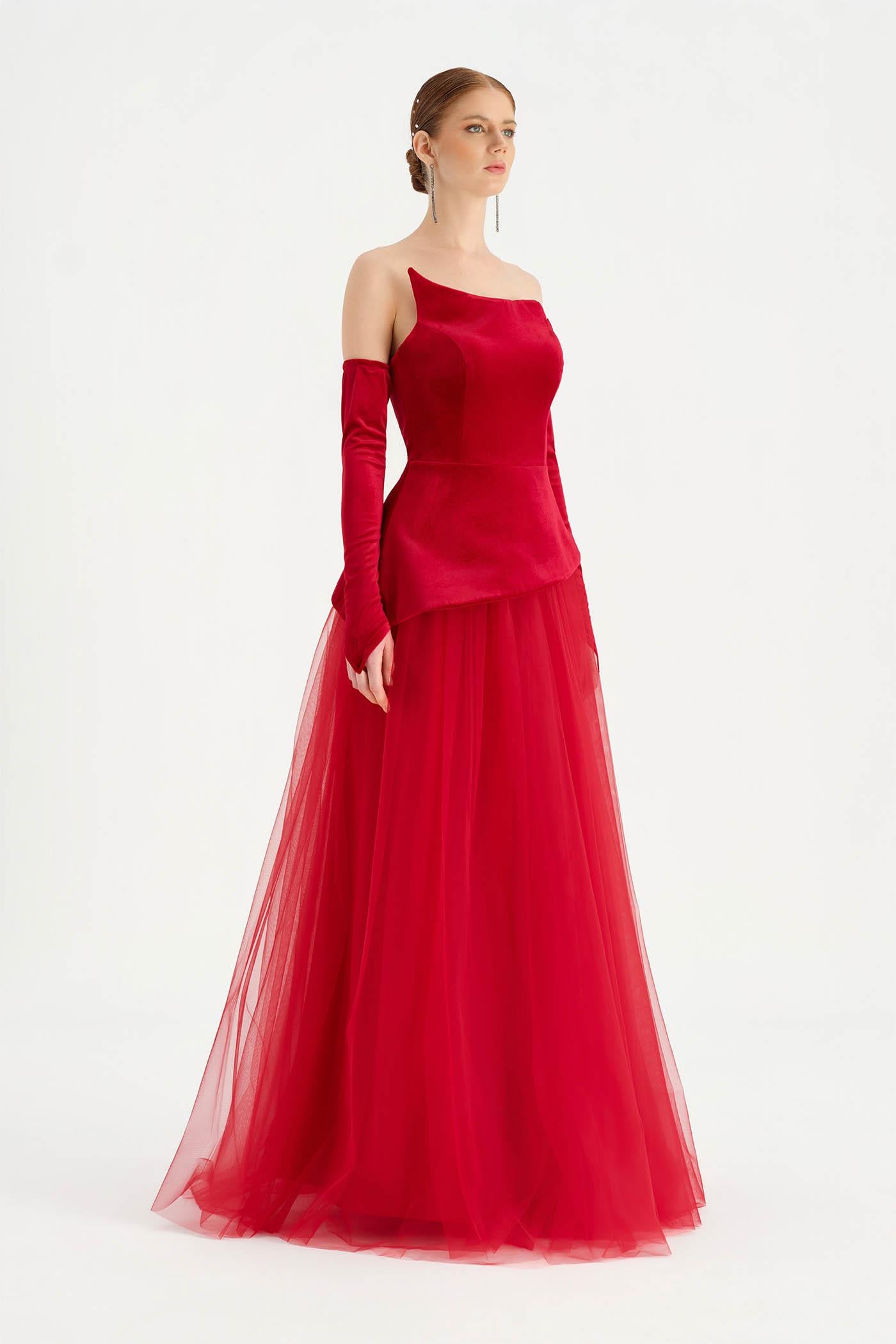 Büstiyerli Straplez Kadife Abiye Elbise - 26126C