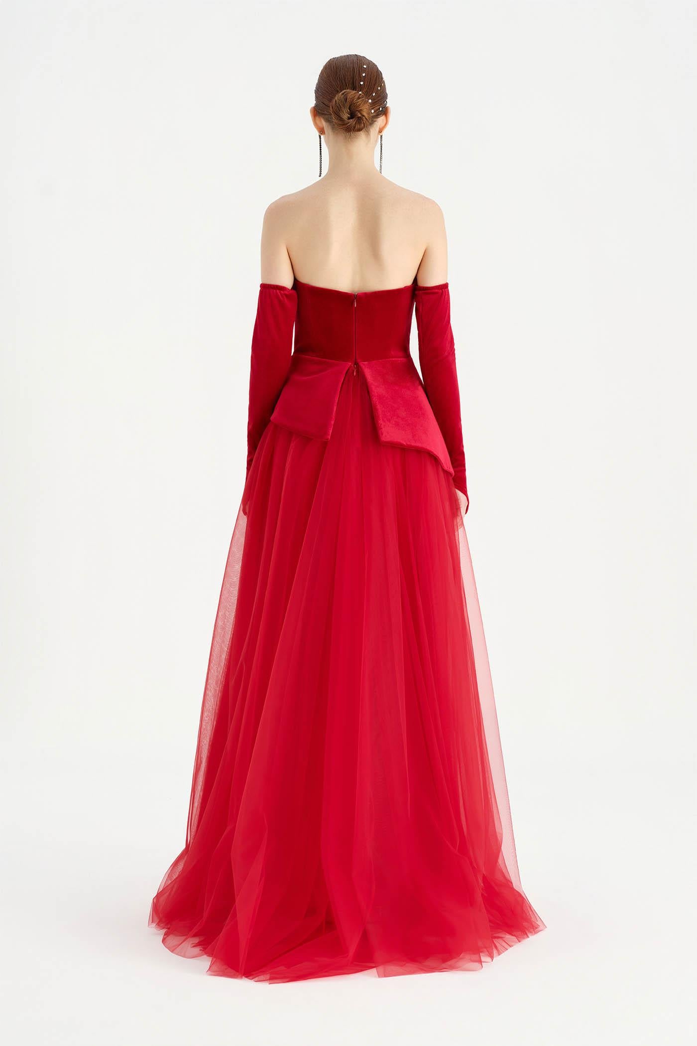 Büstiyerli Straplez Kadife Abiye Elbise - 26126C