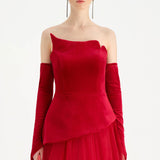 Büstiyerli Straplez Kadife Abiye Elbise - 26126C