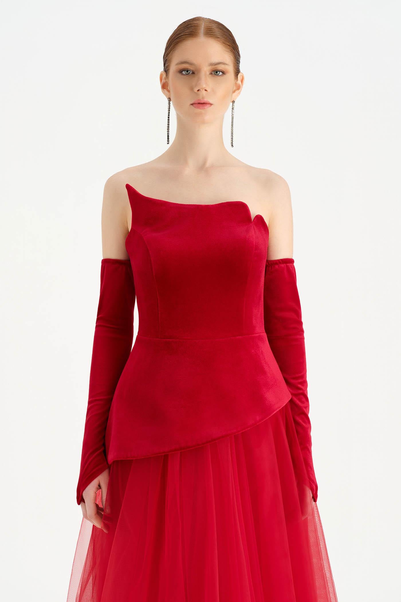 Büstiyerli Straplez Kadife Abiye Elbise - 26126C