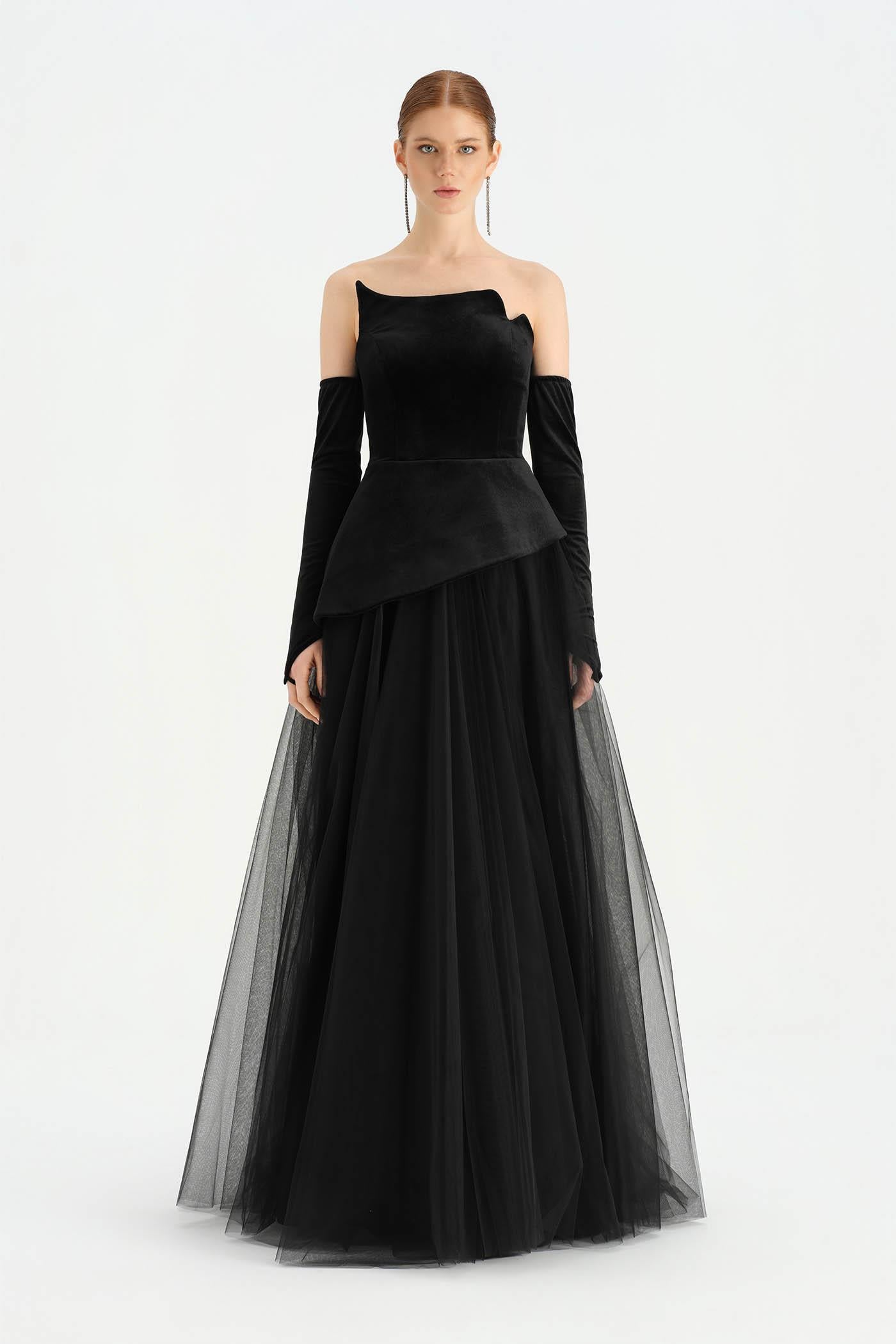 Büstiyerli Straplez Kadife Abiye Elbise - 26126C