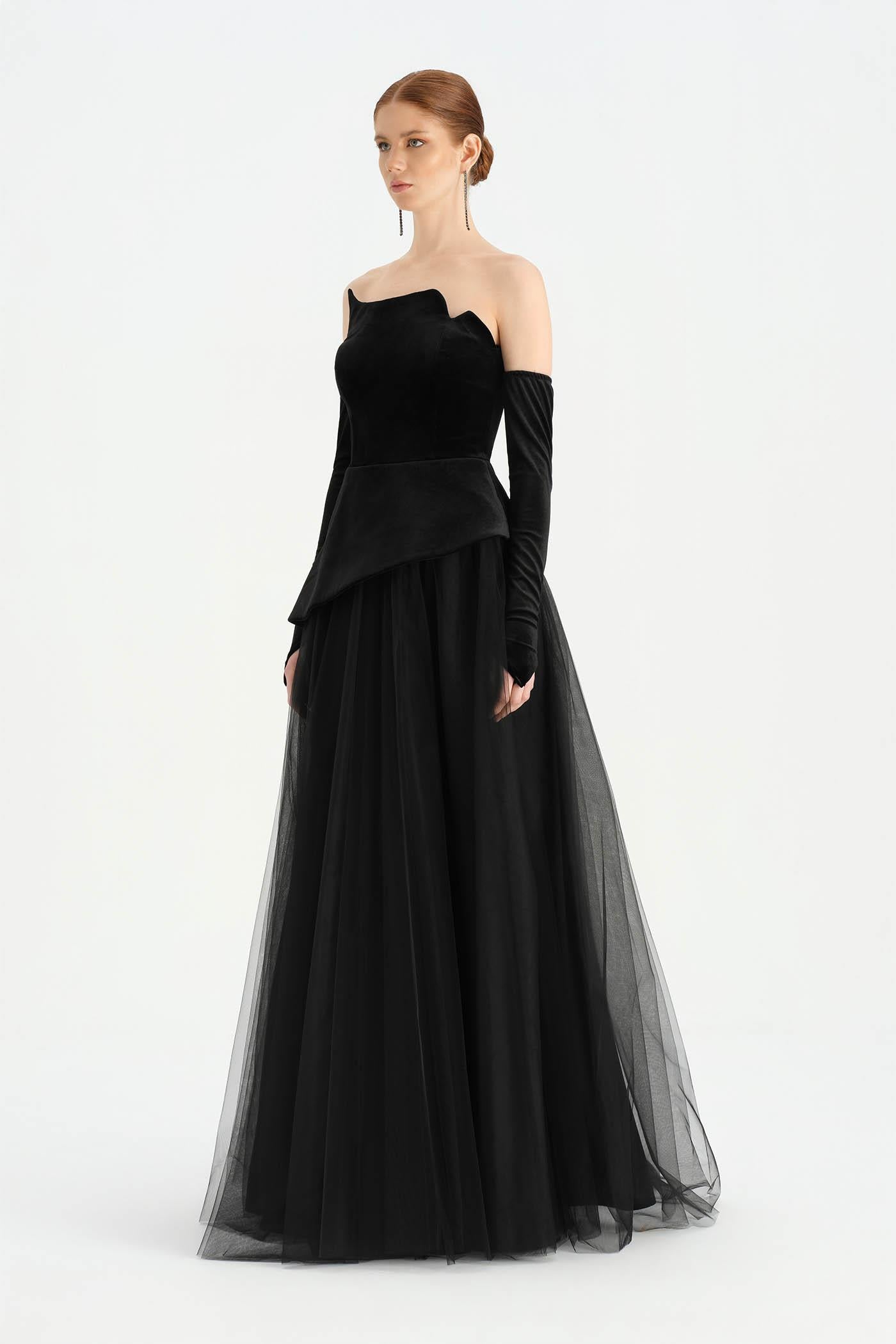 Büstiyerli Straplez Kadife Abiye Elbise - 26126C