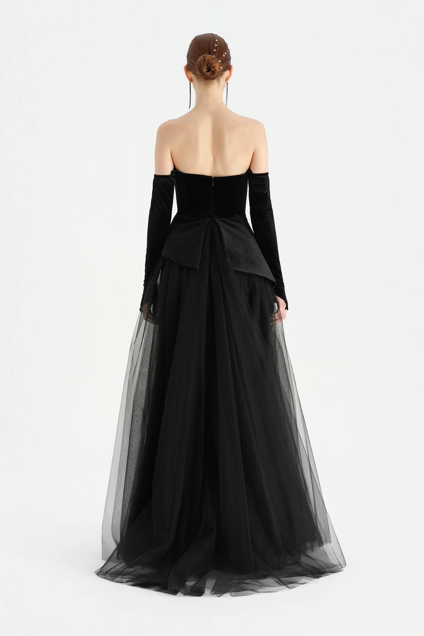 Büstiyerli Straplez Kadife Abiye Elbise - 26126C