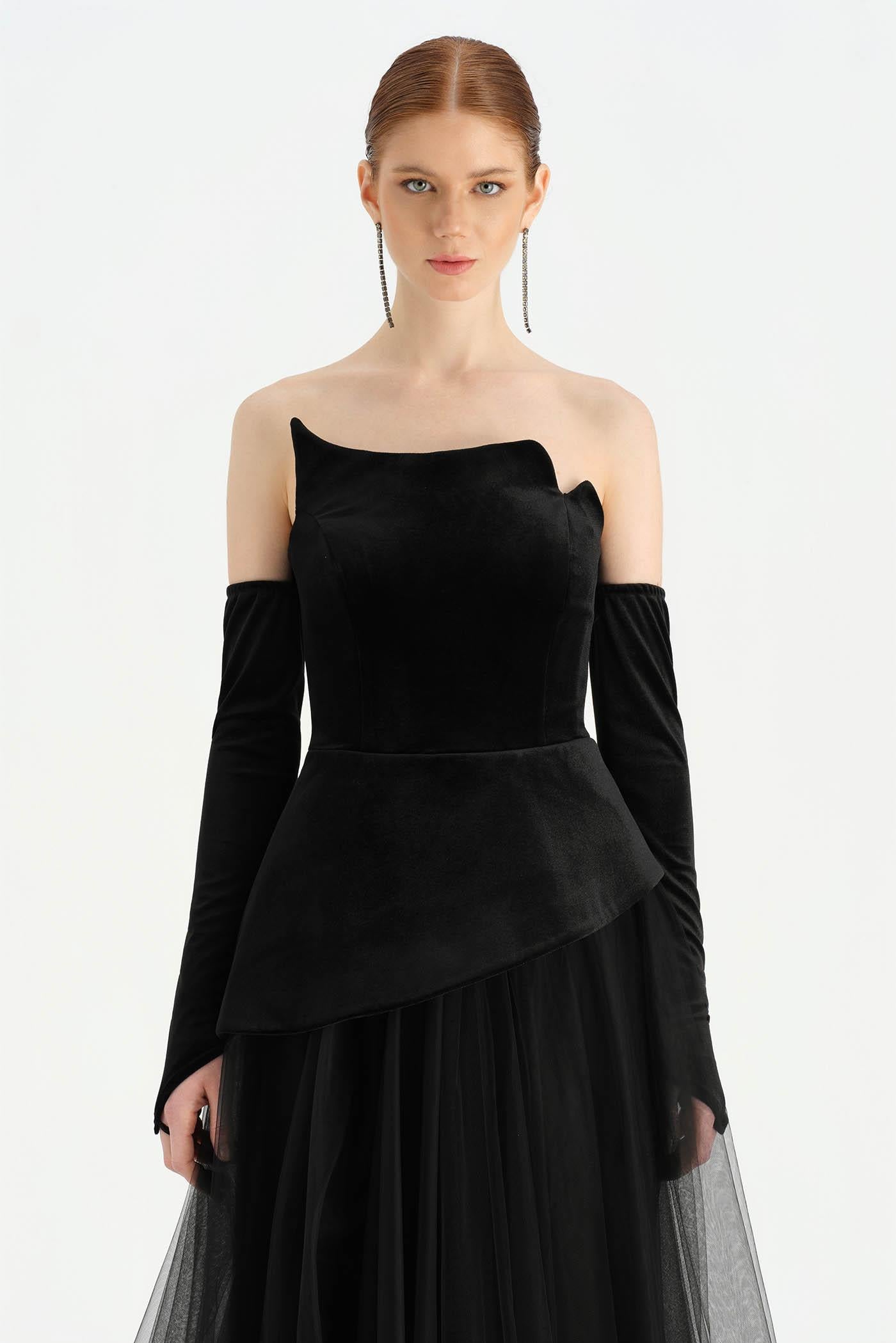 Büstiyerli Straplez Kadife Abiye Elbise - 26126C