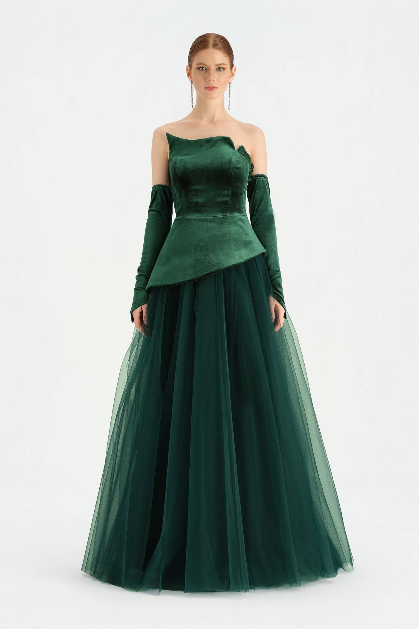 Büstiyerli Straplez Kadife Abiye Elbise - 26126C