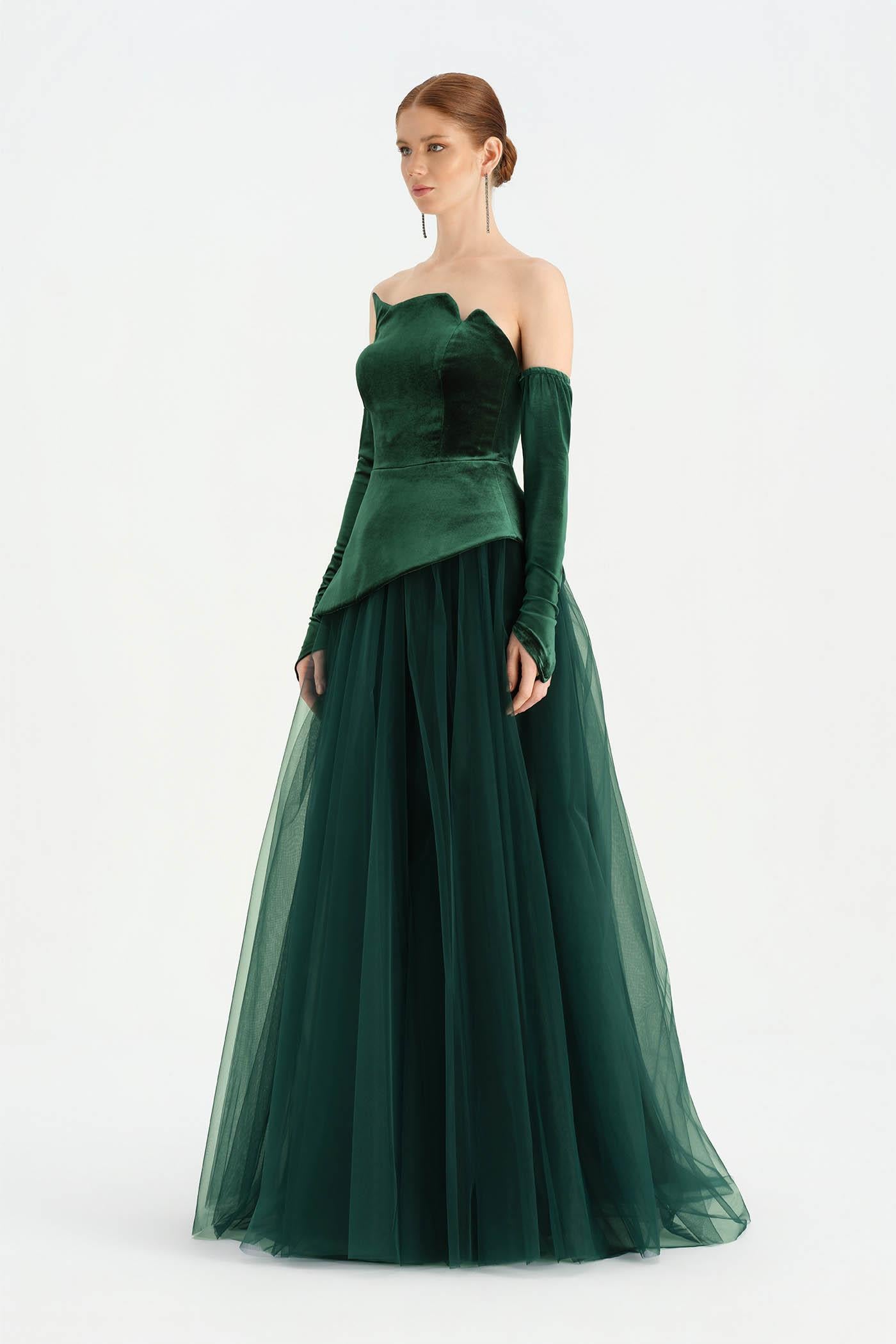 Büstiyerli Straplez Kadife Abiye Elbise - 26126C