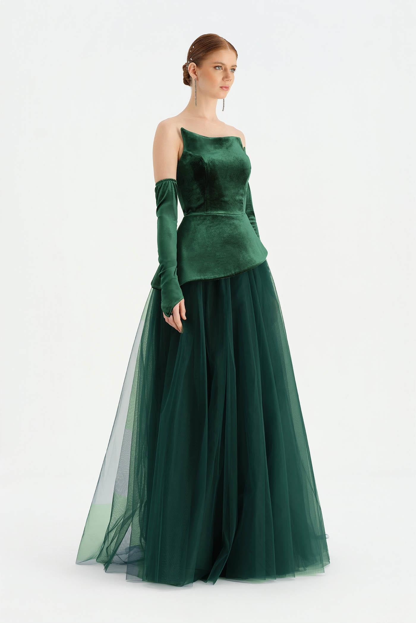 Büstiyerli Straplez Kadife Abiye Elbise - 26126C