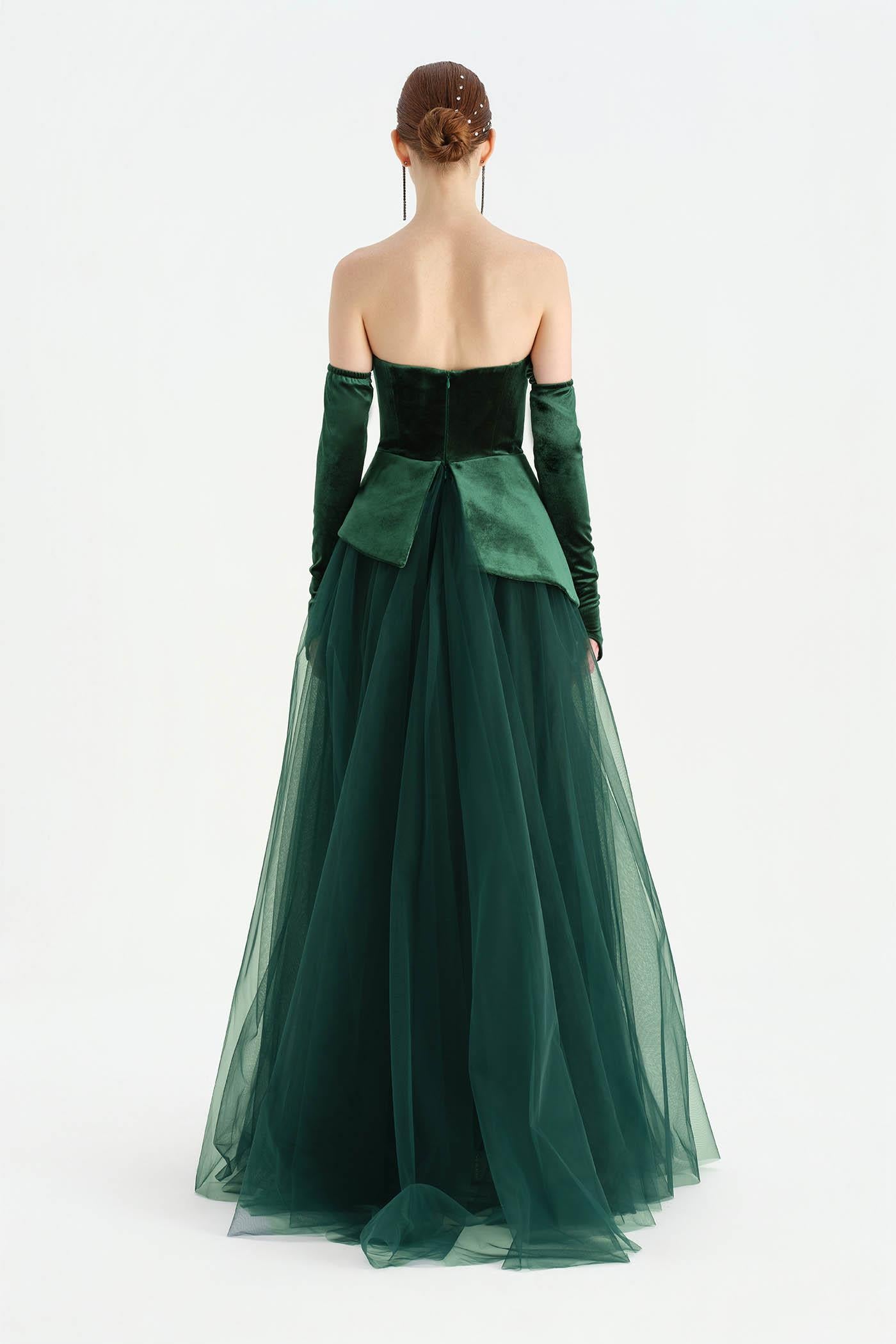 Büstiyerli Straplez Kadife Abiye Elbise - 26126C