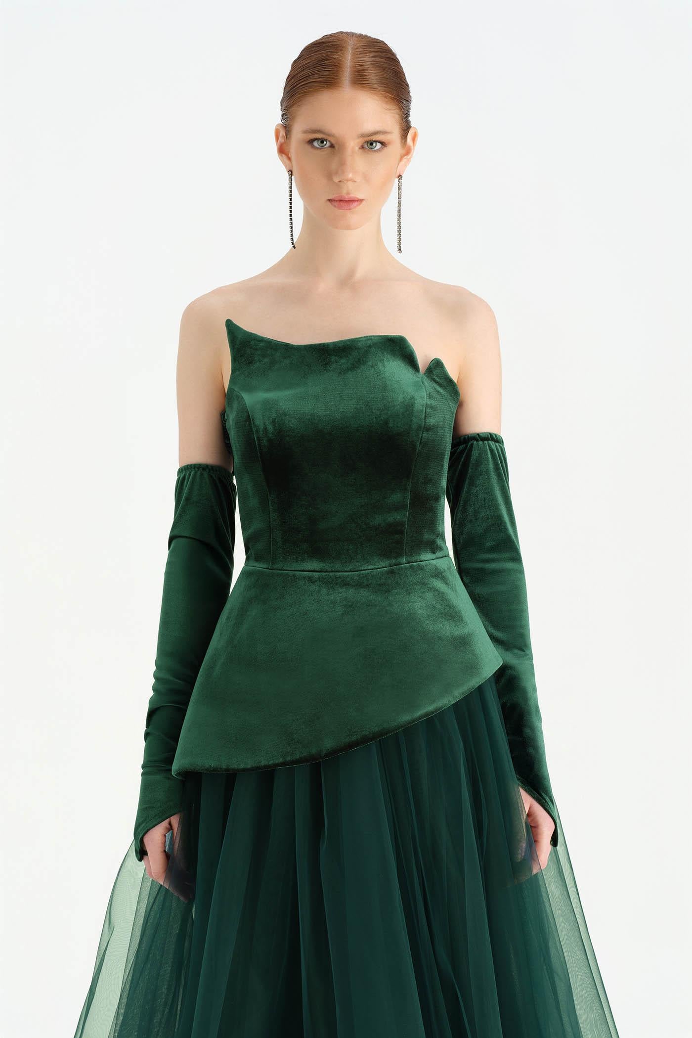 Büstiyerli Straplez Kadife Abiye Elbise - 26126C