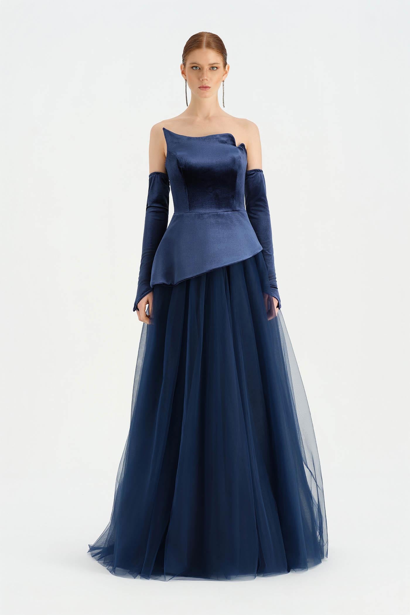 Büstiyerli Straplez Kadife Abiye Elbise - 26126C