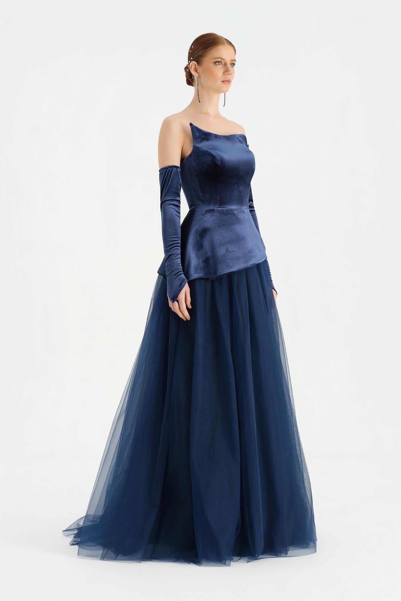 Büstiyerli Straplez Kadife Abiye Elbise - 26126C