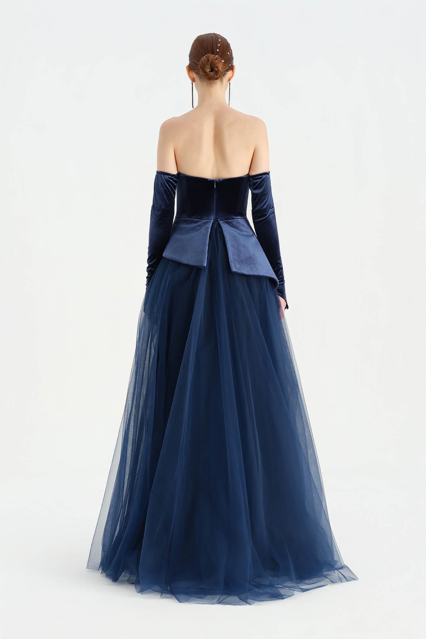 Büstiyerli Straplez Kadife Abiye Elbise - 26126C