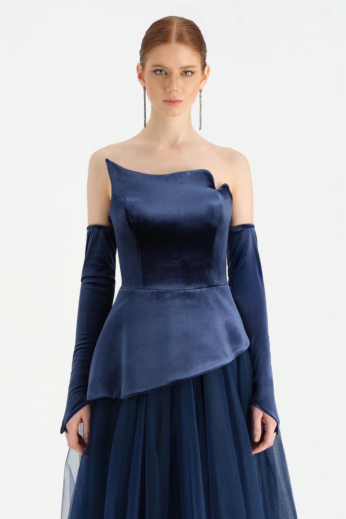 Büstiyerli Straplez Kadife Abiye Elbise - 26126C