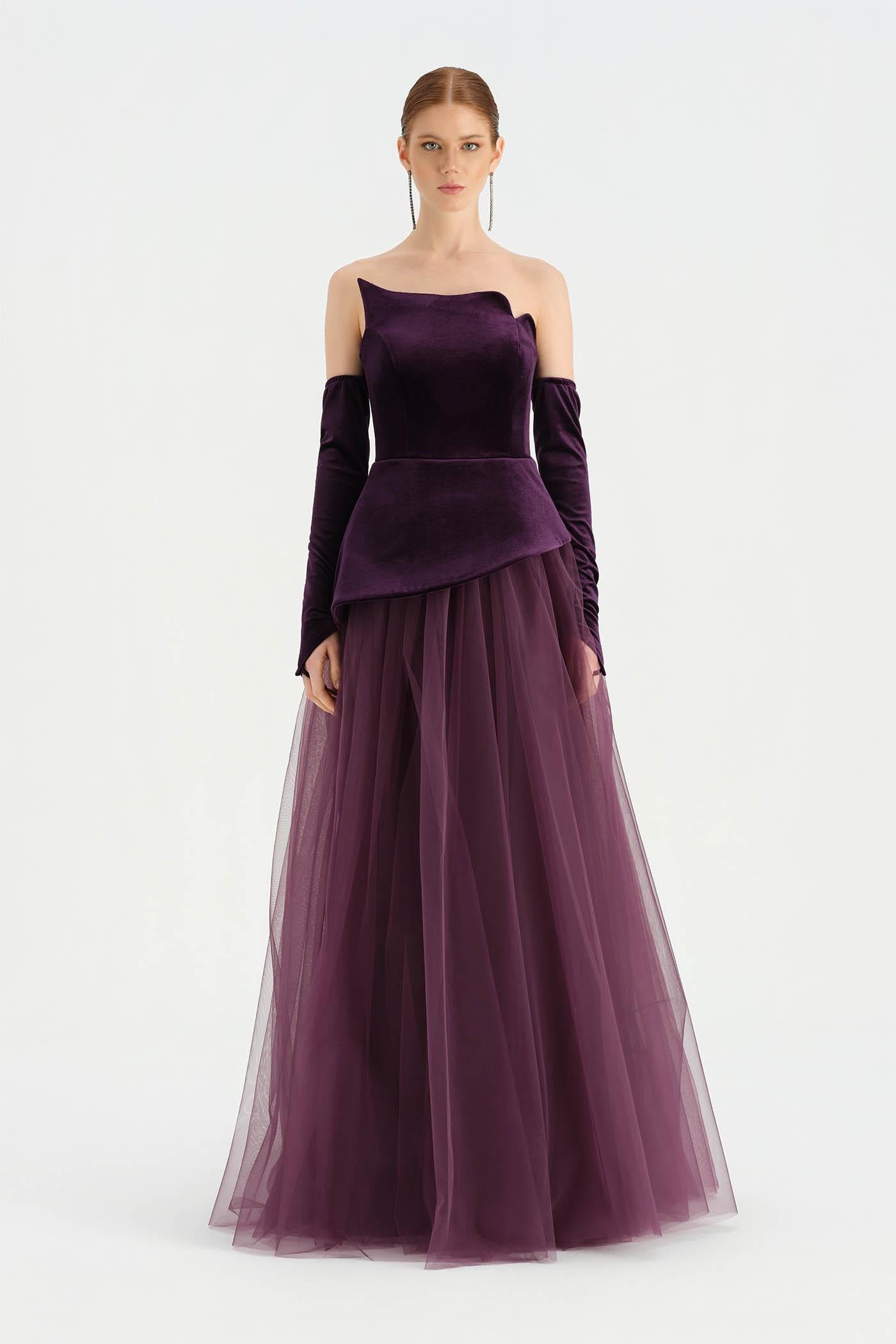 Büstiyerli Straplez Kadife Abiye Elbise - 26126C