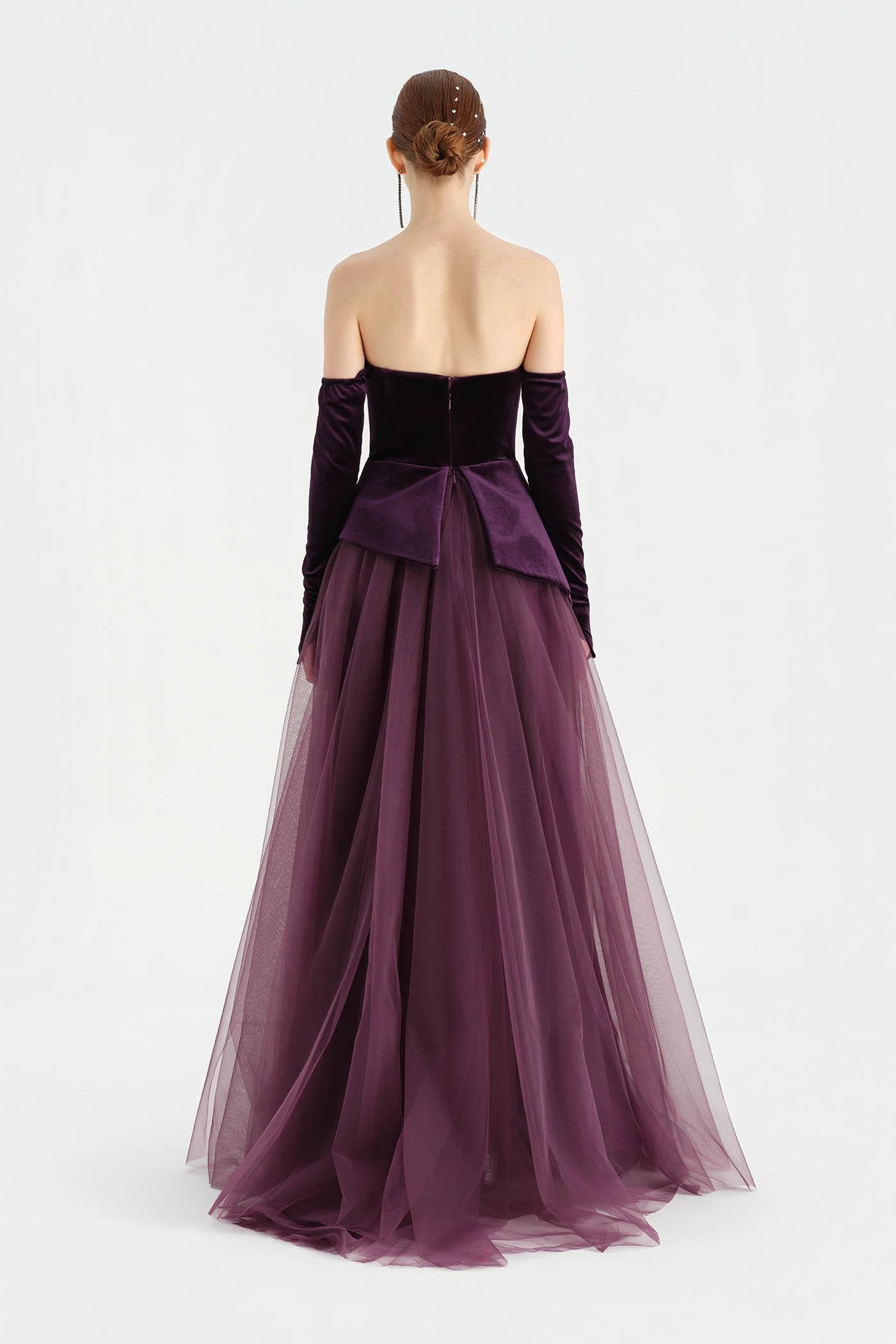 Büstiyerli Straplez Kadife Abiye Elbise - 26126C