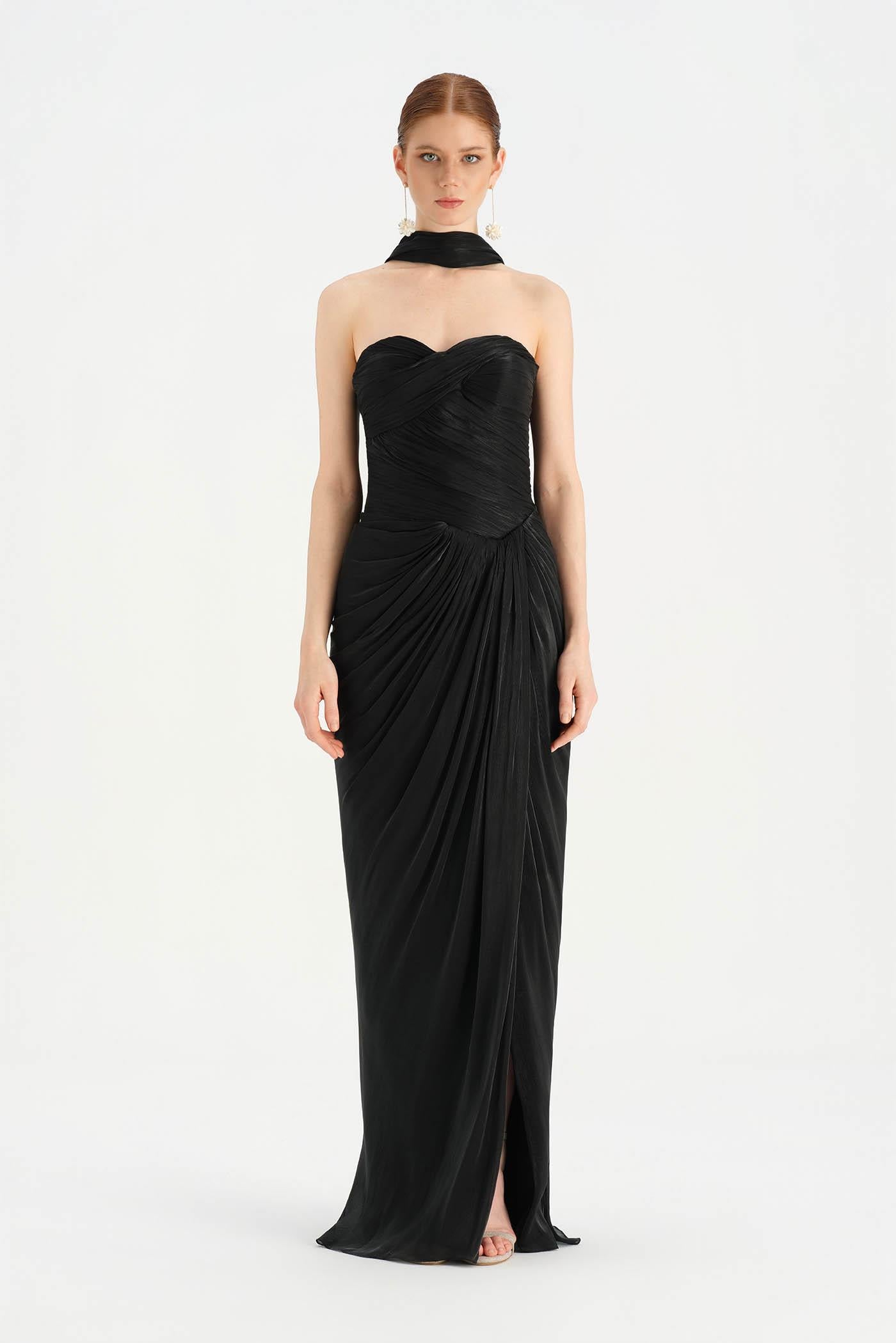Shiny Organze Evening Dress with Pleats Draping and Shawl - 26002C