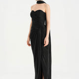 Shiny Organze Evening Dress with Pleats Draping and Shawl - 26002C