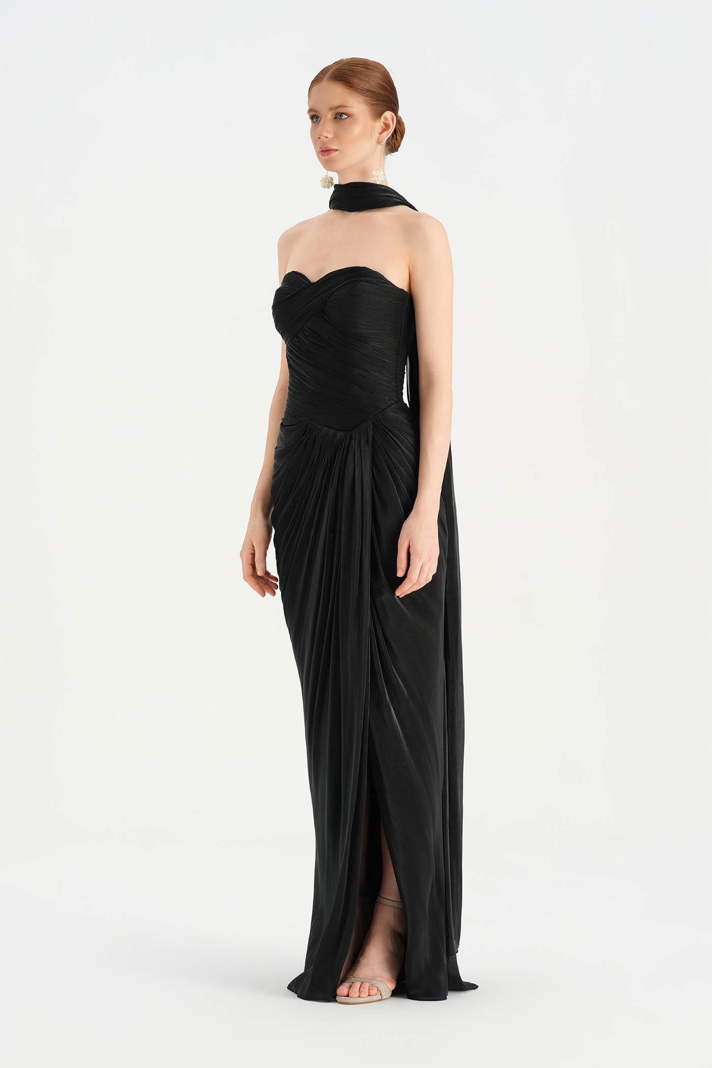 Shiny Organze Evening Dress with Pleats Draping and Shawl - 26002C