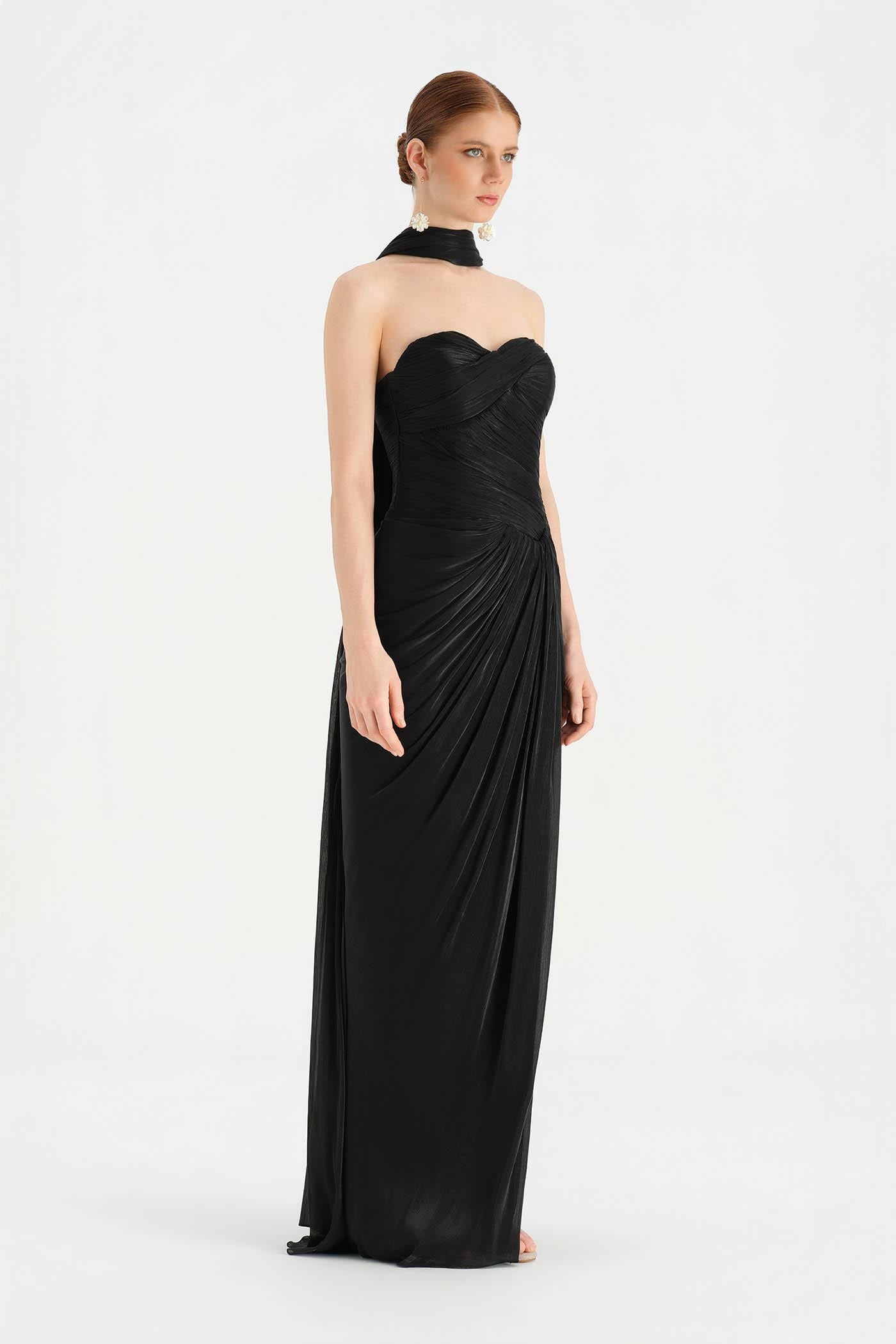 Shiny Organze Evening Dress with Pleats Draping and Shawl - 26002C